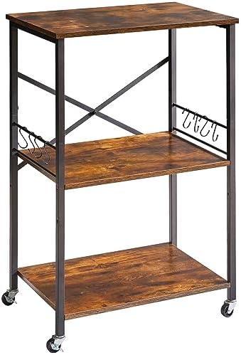 IBUYKE Kitchen Shelf Cart, 3-Tier Microwave Oven Stand, Baker’s Rack with Metal Frame and 8 Hooks, Industrial Printer Stand, Utility Standing Storage Shelf for Coffee Bar, Simple Assembly, TMJ023H