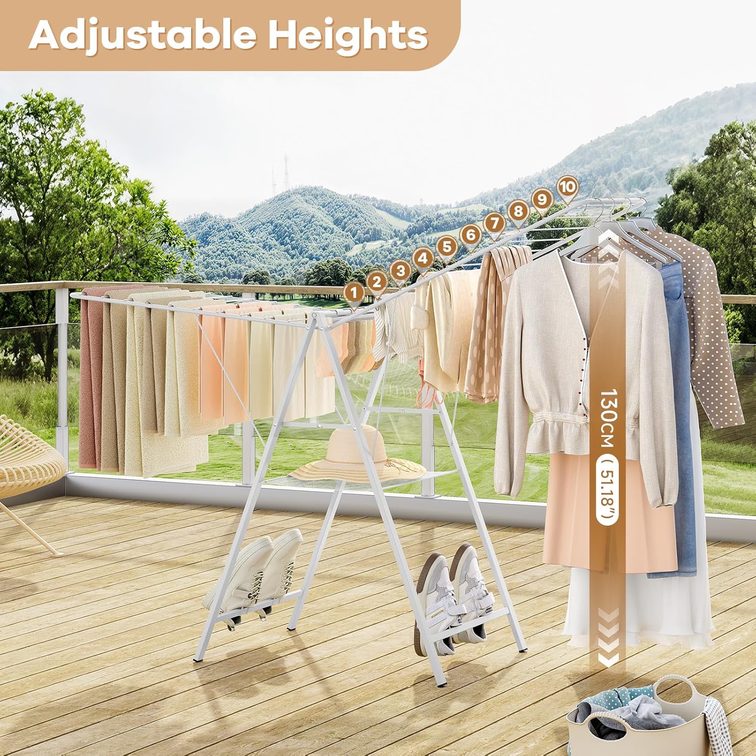 APEXCHASER Drying Rack Clothing, Clothes Drying Rack Foldable, Metal Laundry Drying Rack Collapsible for Sweater Towel Indoor Outdoor, Gullwing Clothes Rack Drying with Height Adjustable Rails, White