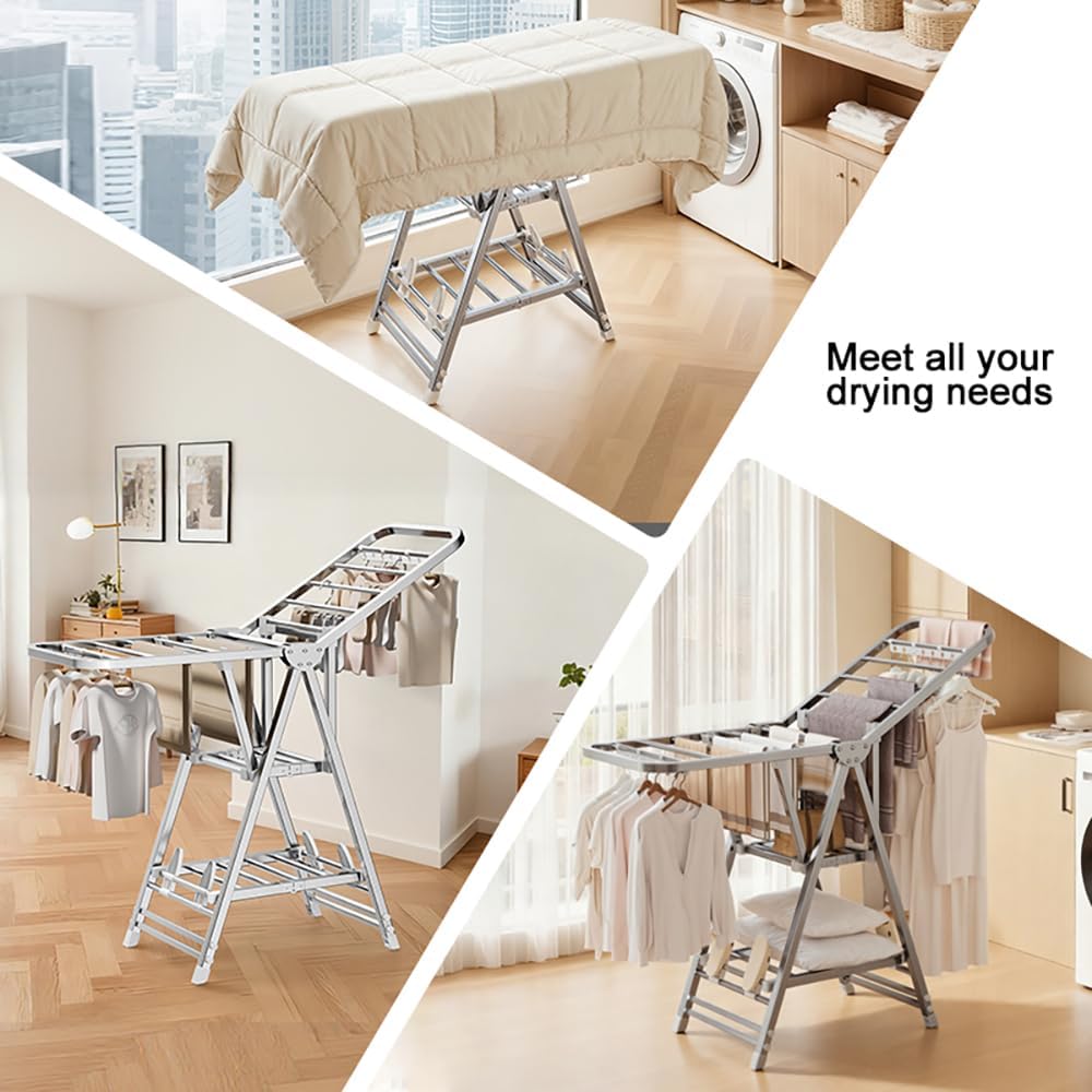MIKEE Clothes Drying Rack,Stainless Steel Foldable Laundry Drying Rack with Height Adjustable Wings,Clothes Rack with Shoe Rack,Windproof Hanging Holes and Wheels，132 lb,Indoor Outdoor Use