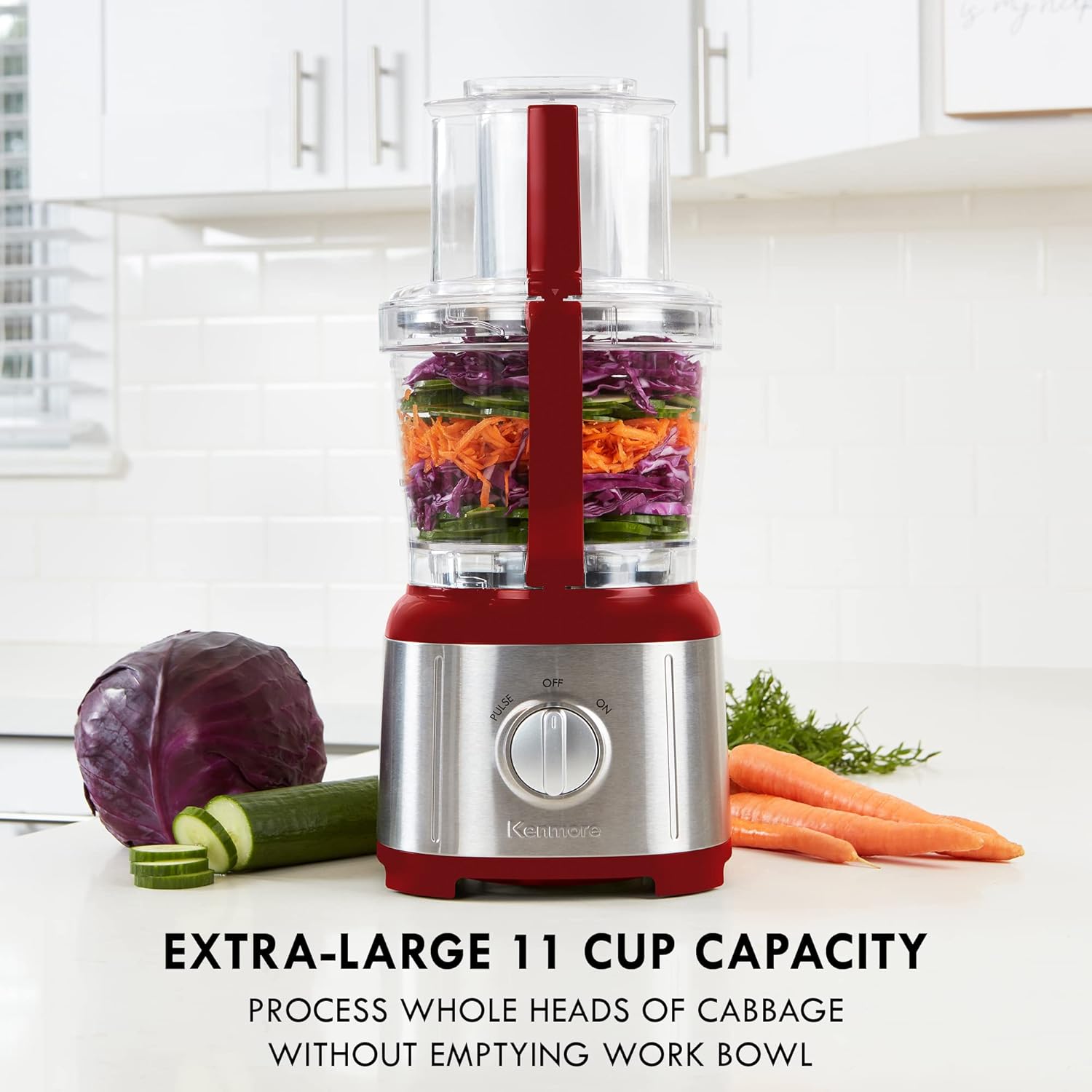 Kenmore 11-Cup Food Processor - Vegetable Procesador de Alimentos, Blender, Onion Chopper And Garlic Mincer, Kitchen Appliance High Powered Electric Licuadora, 500W, Stainless Steel Red