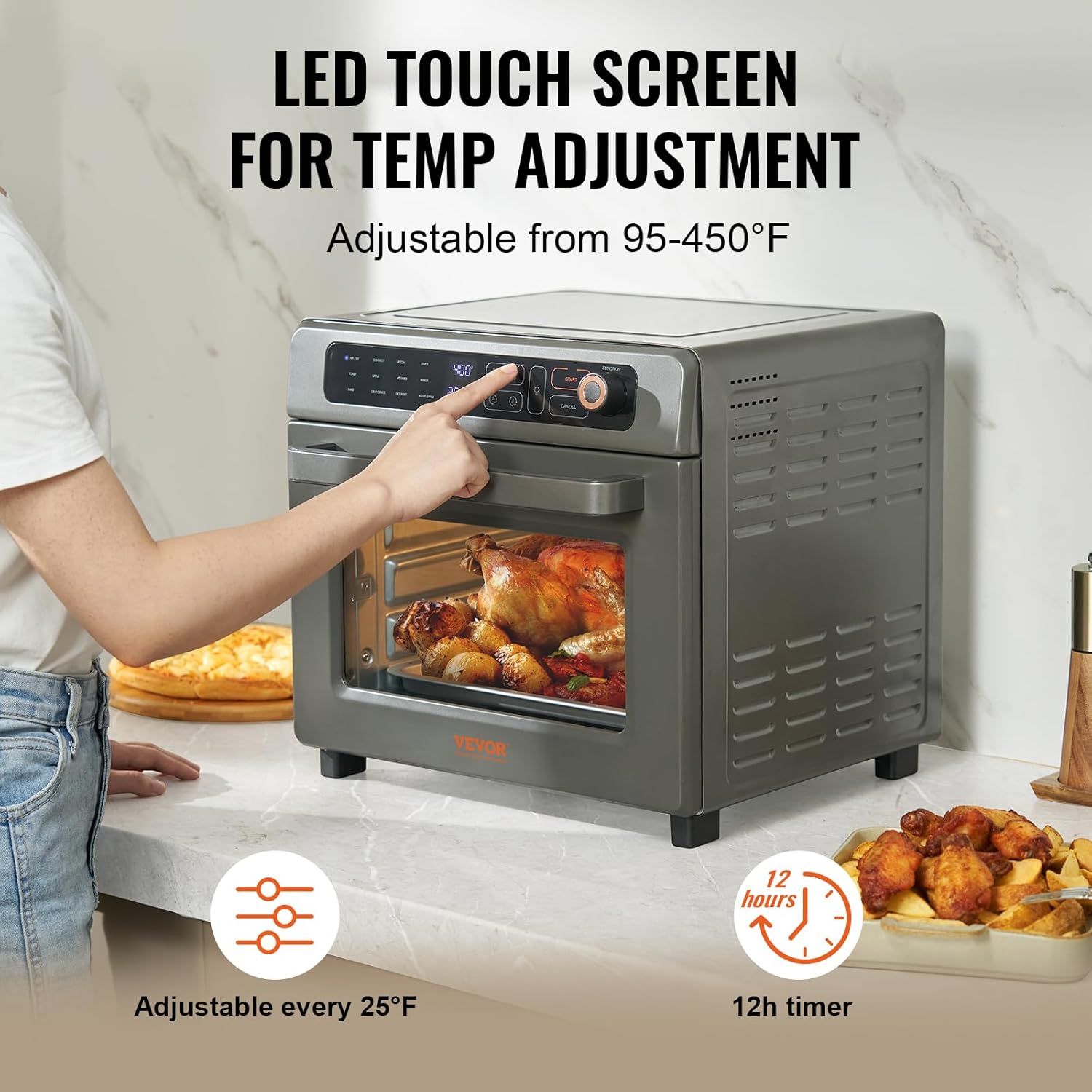 VEVOR 12-IN-1 Air Fryer Toaster Oven, 25L Convection Oven, 1700W Toaster Ovens Countertop Combo with Grill, Pizza Pan, Gloves, 12 Slices Toast, 12-inch Pizza, Home and Commercial Use (Grey)