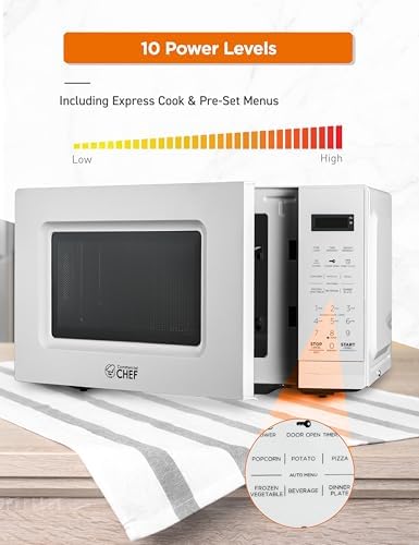 COMMERCIAL CHEF 0.7 Cu Ft Microwave with 10 Power Levels, 700W Microwave with Digital Display, Countertop Microwave with Child Safety Door Lock, Programmable with Push Button, White