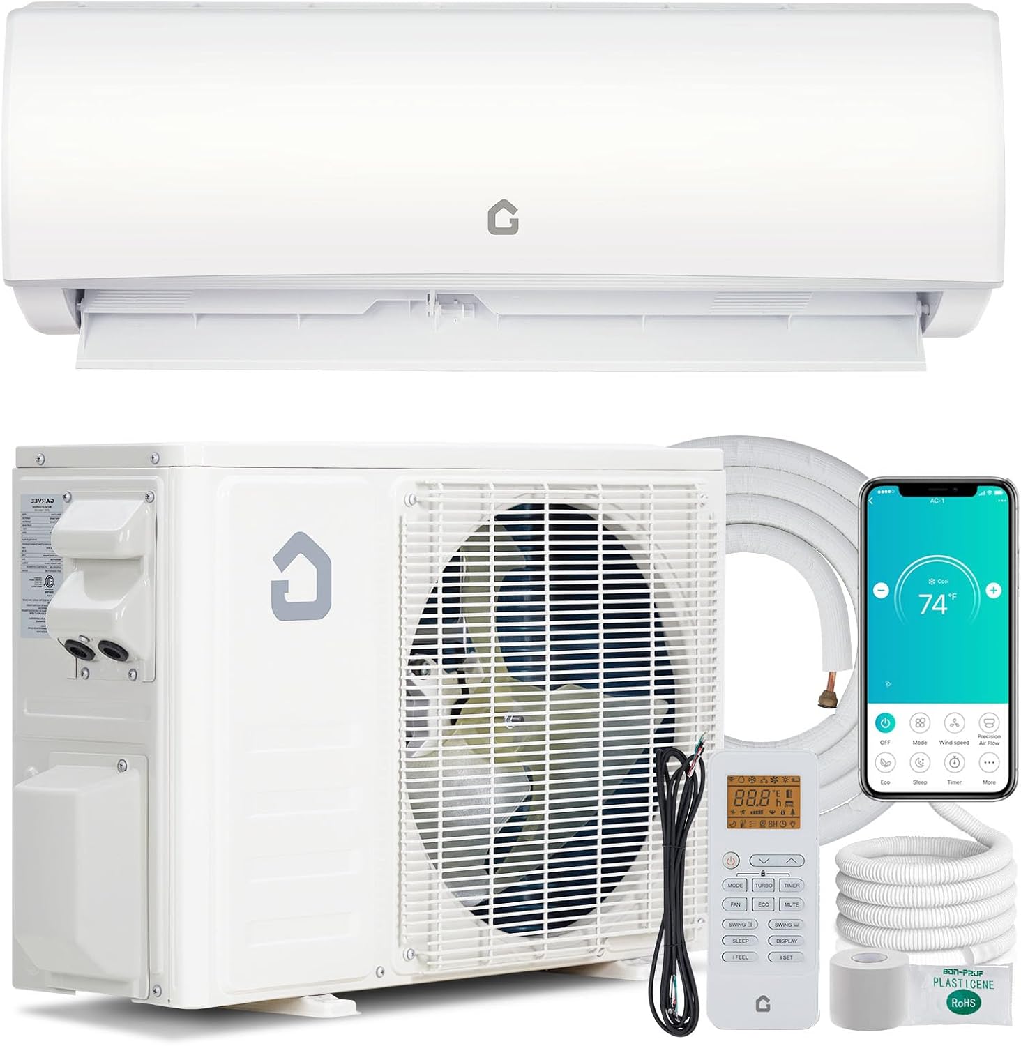 9000 BTU Air Conditioner, Wifi Enabled Mini Split Heater with Inverter, 20 SEER2 230v Energy Saving Ductless Split AC Unit with Pre-Charged Condenser