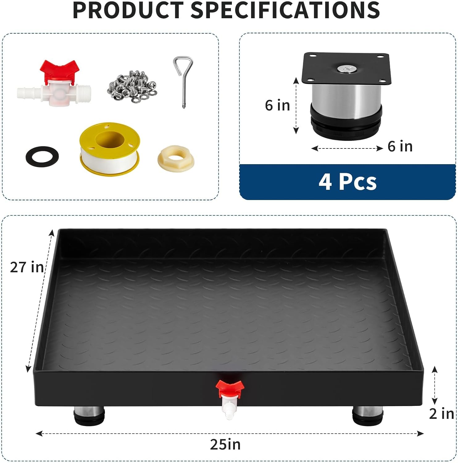 GarveeTech 2025 NEW Heavy-Duty Carbon Steel Washing Machine Pan with Connector & Hole - 27 in x 25 in × 2 in Rust-Free Water, with 4 Anti-Vibration Feet, Protects Floor From Water Damage Protection