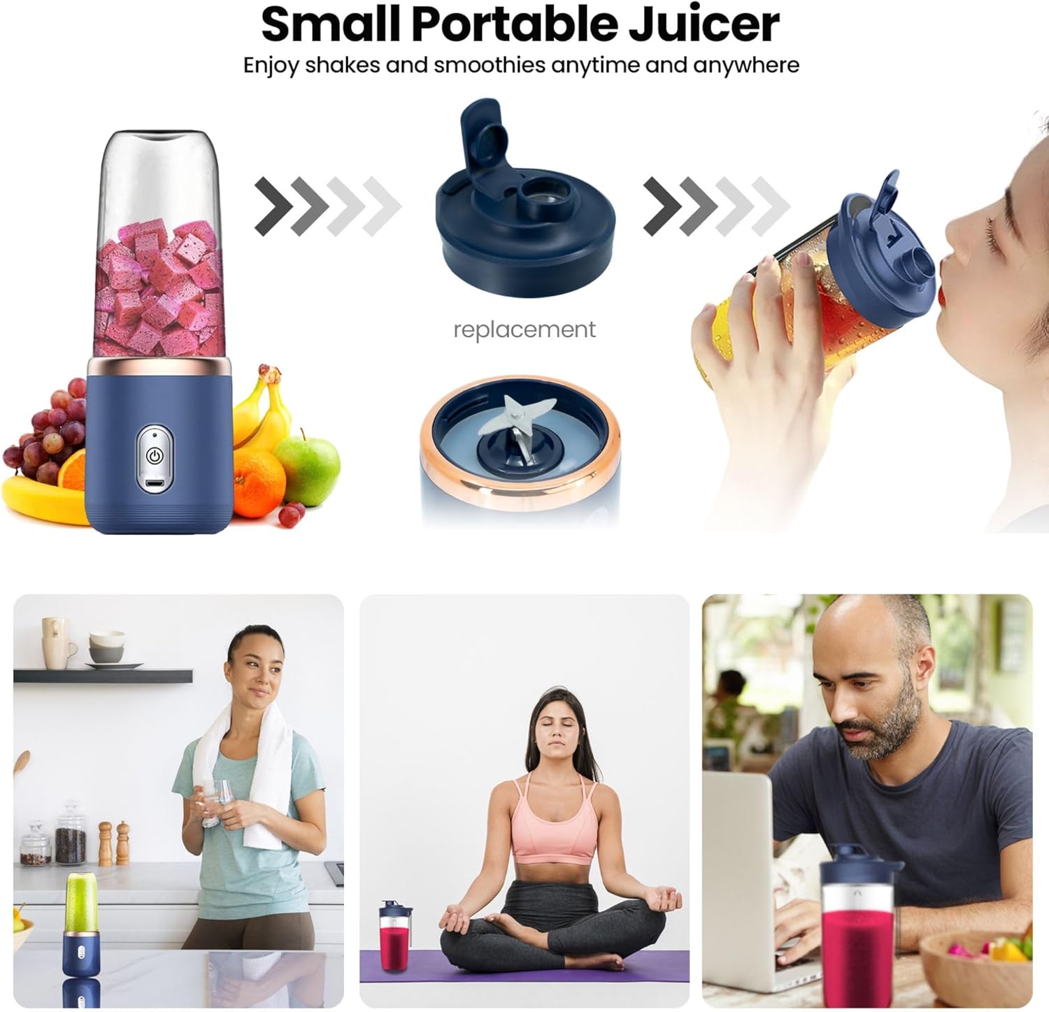 Regalosonline Mini Personal and Portable Hand Blender for Smoothies, Juices, Protein, Fruits, and Vegetables with 6 Blades + 2 Cups to go anywhere - USB Rechargeable!