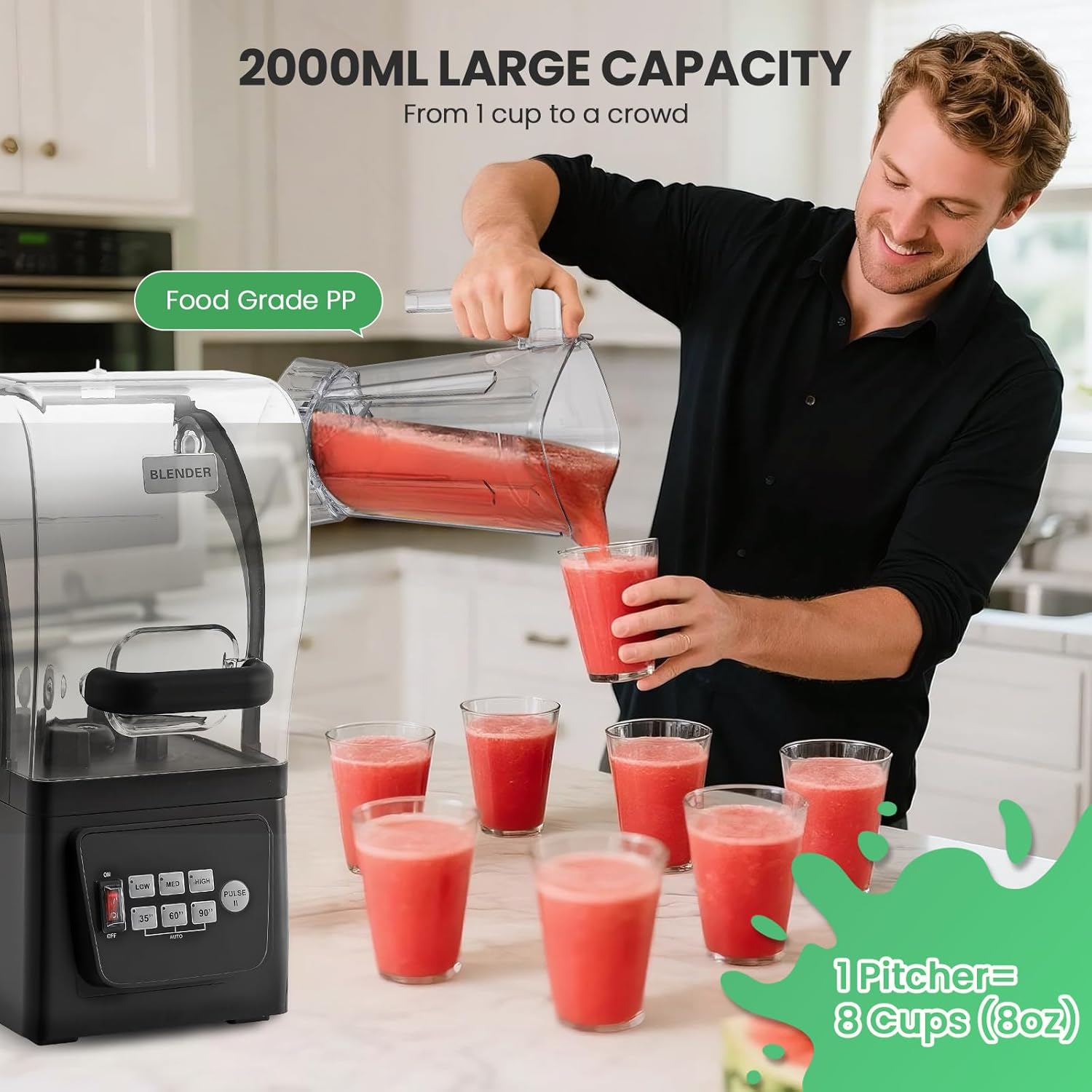 Huanyu Commercial Quiet Blender 2L/68OZ 2200W Professional Blender with Sound Enclosure | Self-Cleaning Function, for Smoothies (Black)