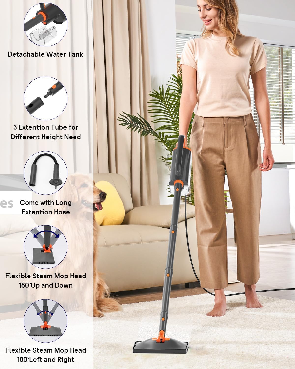 Steam Mop Cleaner with Detachable Handheld Steamer, 20 in 1 Wired Steam Cleaner with Multiple Accessories, Detachable Water Tank, Microfiber Pads for Floor Tiles Carpet and Grout Cleaning (Grey)