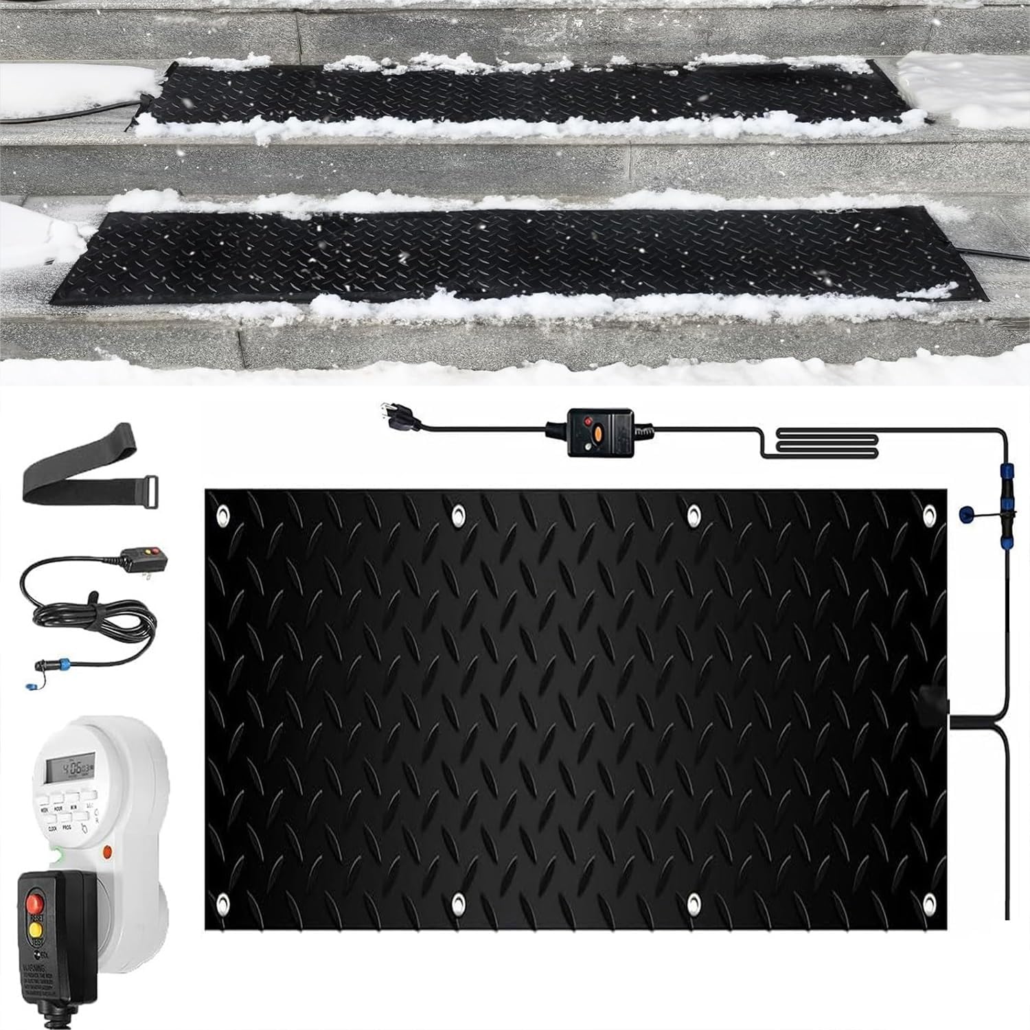 Snow Melting Walkway Mat with Timer, 1/2/3/4/5 Pcs Non Slip Rubber Heated Mat with Power Cord, 2 in/h Speed Melting for Winter Outdoor Stairs Doorways Walkways(1 Pcs,12x36in/(30x90cm))