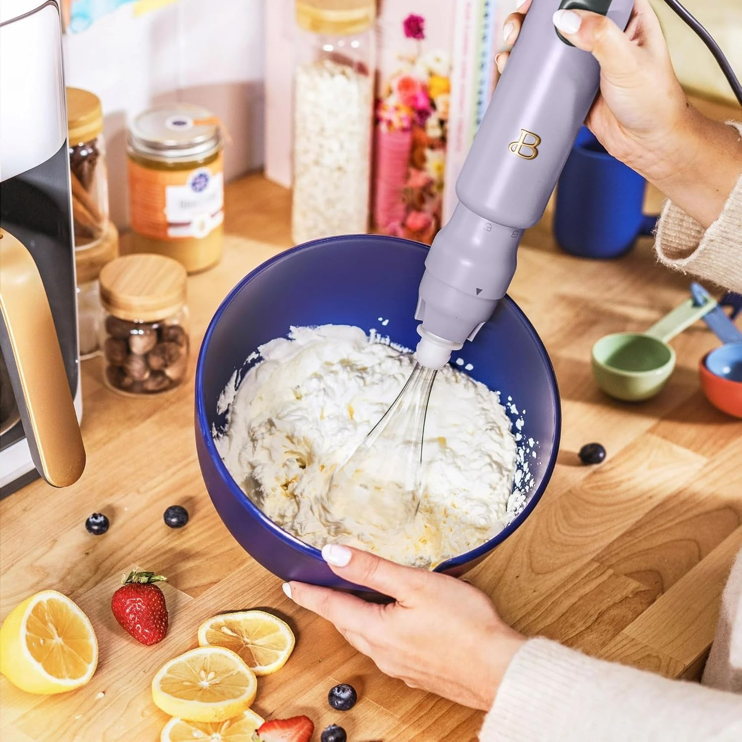 Beautiful 2-Speed Immersion Blender with Chopper & Measuring Cup, Stainless Steel Shaft, Quiet 250W Motor, Cornflower Blue Finish, Dishwasher Safe, Includes Whisk & 24 oz Beaker (Lavender)