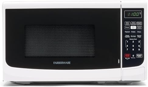 Farberware 0.7 Cu. Ft. Countertop Microwave Oven – 700 Watts Power, Auto Cook Settings, Defrost, Easy Clean and Child Safety Lock - White