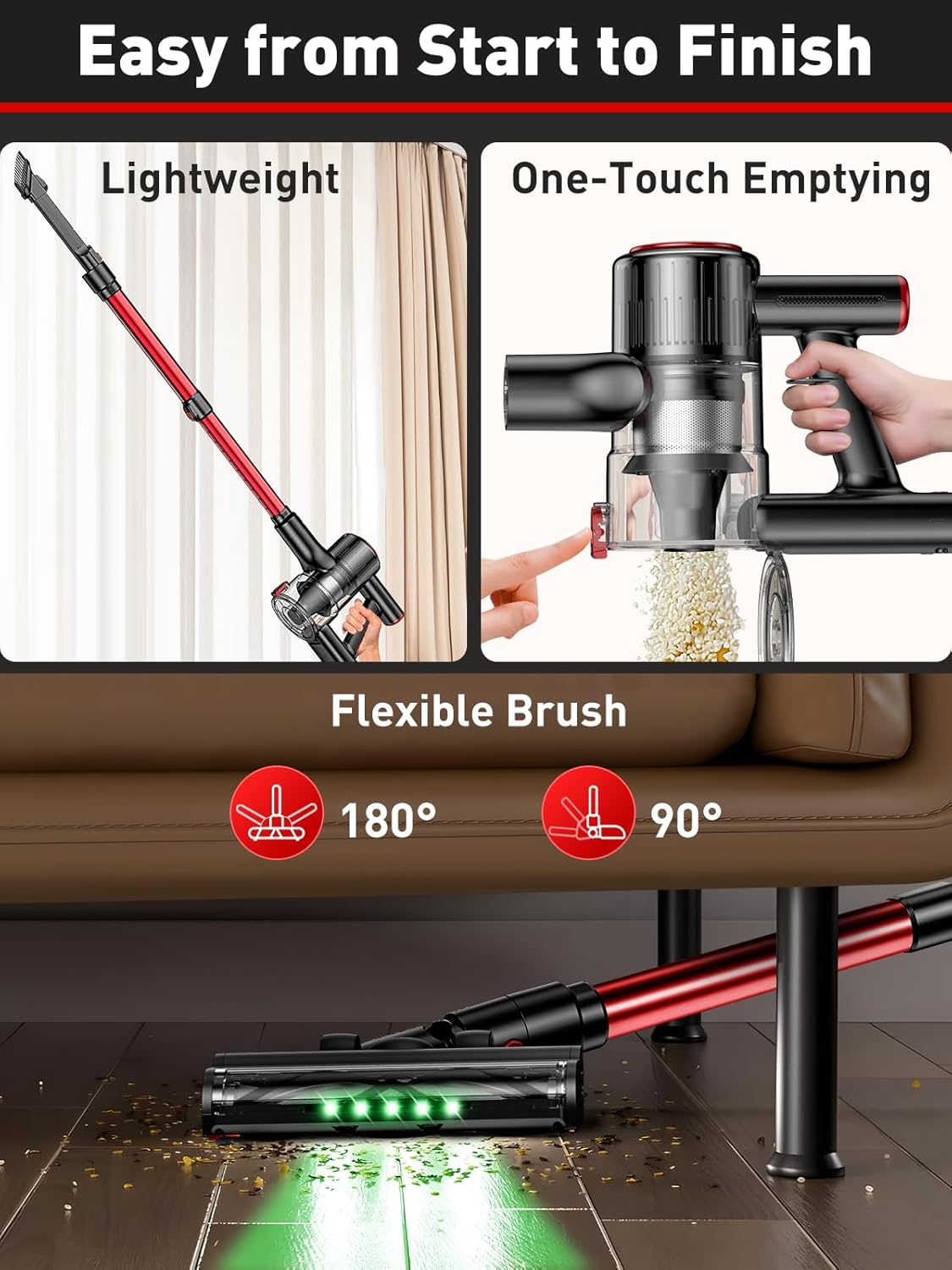 Cordless Vacuum Cleaner, 45KPA 8-in-1 Vacuum Cleaners for Home, 50Mins Runtime, Anti-Tangle Stick Vacuum with LED Display, Rechargeable Lightweight Vacuum for Pet Hair/Carpet/Floor (Red)