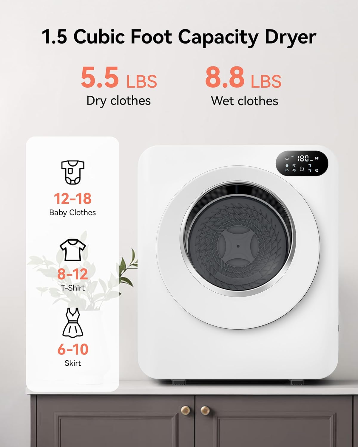 Euhomy 1.5 Cu.Ft Portable Clothes Dryer, 850W Clothes Dryer with Stainless Steel Drum, 4 Functions, LED Control, Drying Machine for Apartments, Laundry, Dorm, Small Space, White