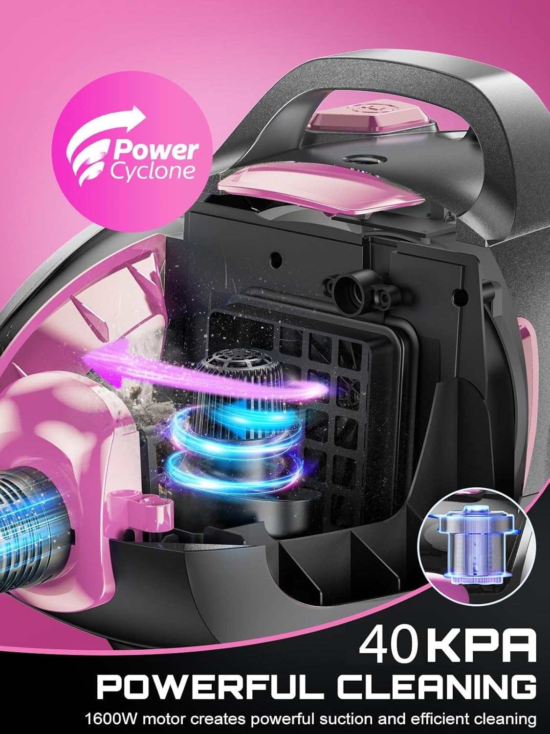 Canister Vacuum Cleaner, 40Kpa 1600W Cyclon Power Bagless Canister Vacuum Cleaners for Home, 3.7QT Large Dust Cup, Lightweight Vac for Hard Floors, Carpets, Pet Hair, Pink