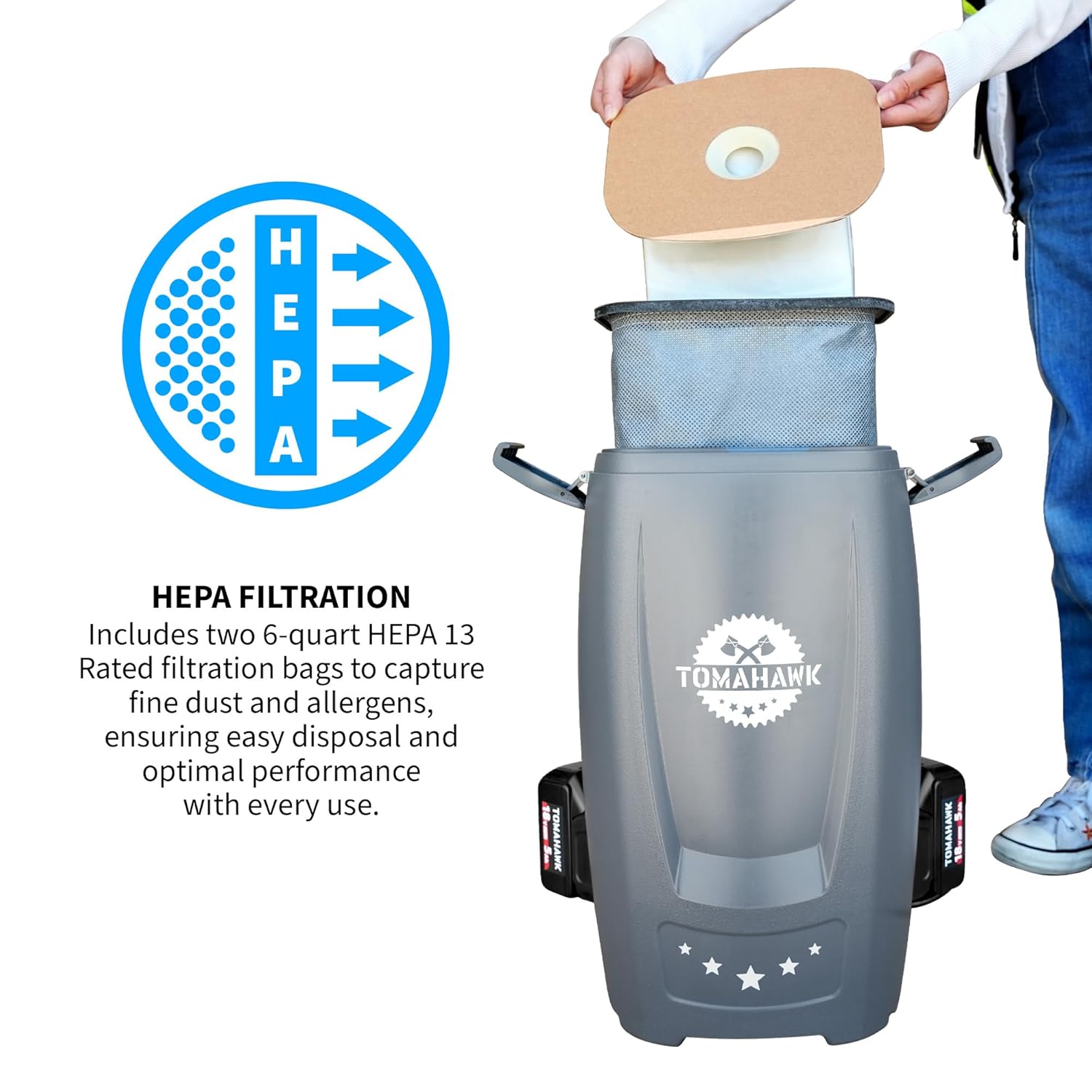 Tomahawk 18V Battery Powered Backpack Vacuum 6L for Janitorial Cleaning – Lightweight Cordless Commercial Vacuum with Quiet Operation