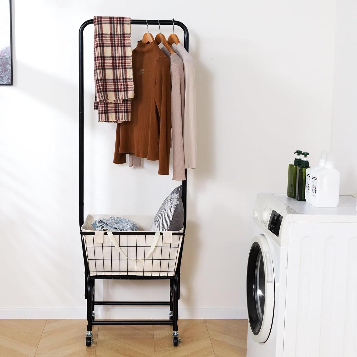 ALIMORDEN Laundry Cart with Clothes Rack, Rolling Laundry Cart with Wheels and Detachable Bags, Black