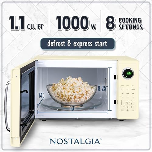 Nostalgia Retro 1000W Microwave Oven 1.1 Cu Ft Capacity – Child Safety Lock, 8 Auto-Cook Settings – Countertop Kitchen Appliance – Ivory