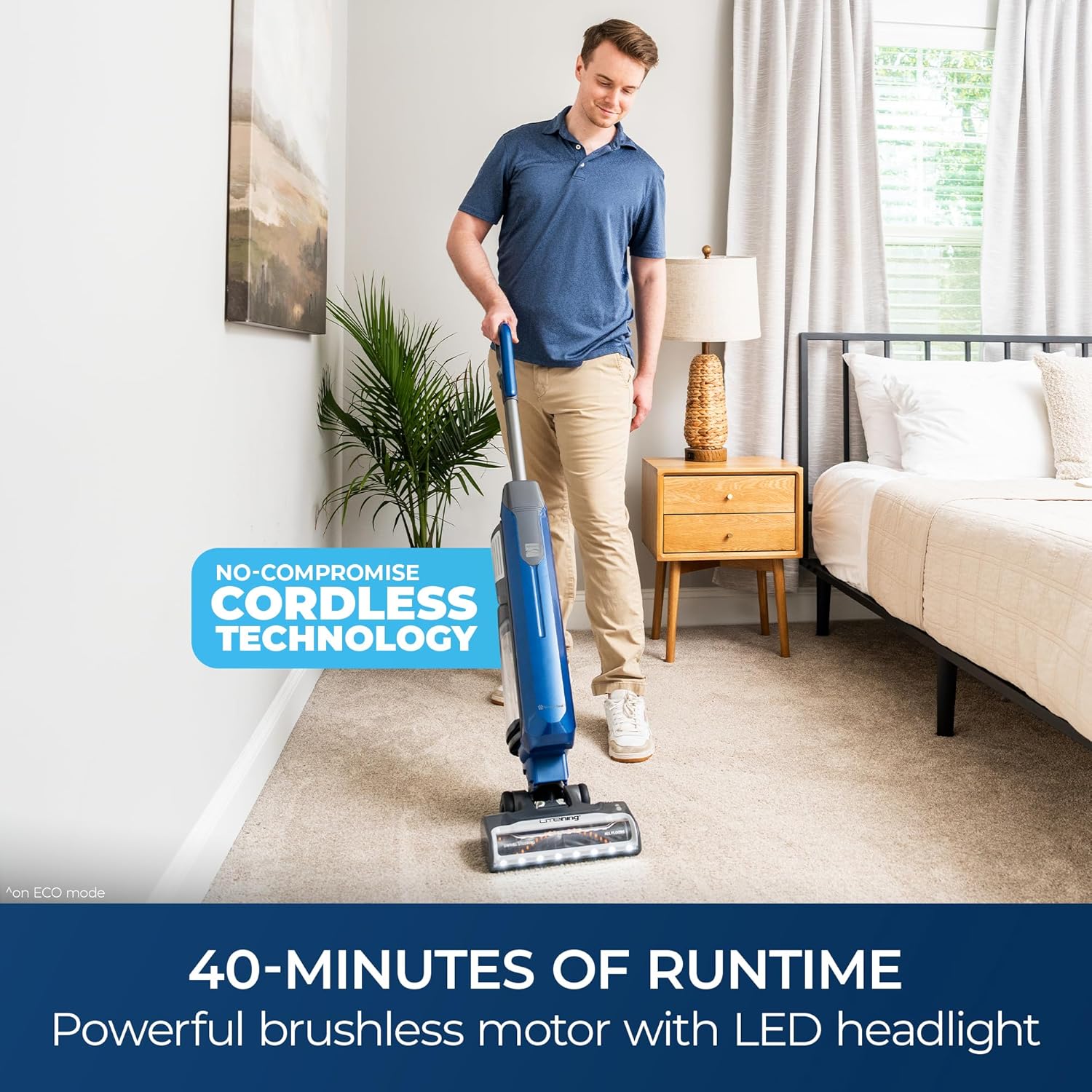Kenmore CU5001 Litening Cordless Upright Vacuum with Lift-Up & Hair Eliminator Nozzle, Brushless Motor, HEPA Filter & LED Display for Low-Pile Carpets, Rugs, Hard Floors & Pets, Blue