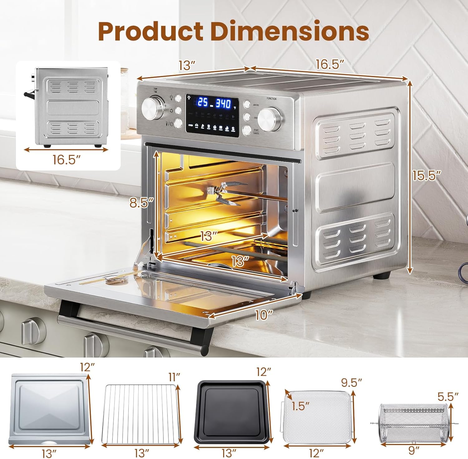 COSTWAY 14-in-1 Air Fryer Toaster Oven Combo, 1700W Dual Cook & 26 QT Large Capacity Stainless Steel Countertop Convection Oven with Bake, Rotisserie, Dehydrate & Defrost, LED Display, 7 Accessories