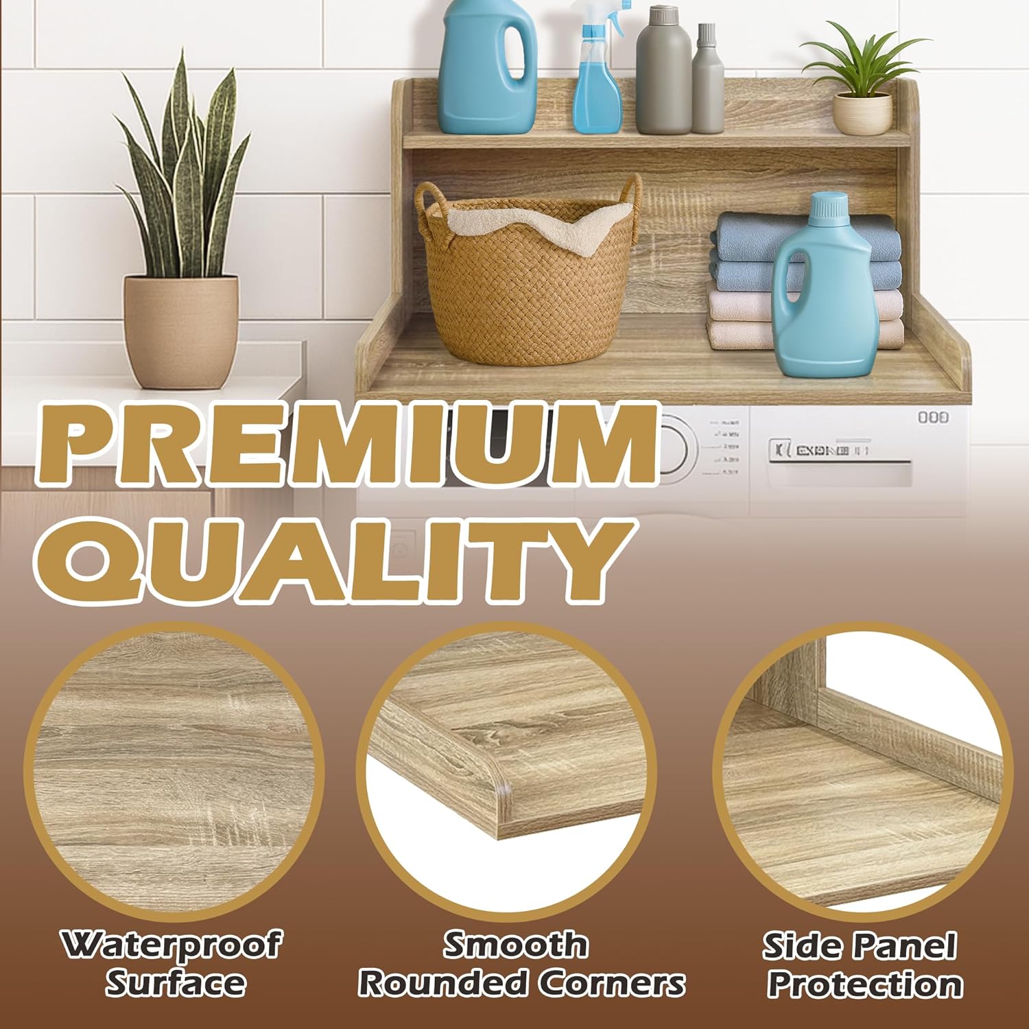 Royxen Washer Dryer Countertop with Shelf,2-Tier Laundry Countertop for Single Washer and Dryer,Soild Wood Core Washer Dryer Topper for Laundry Room Organization(White Oak)