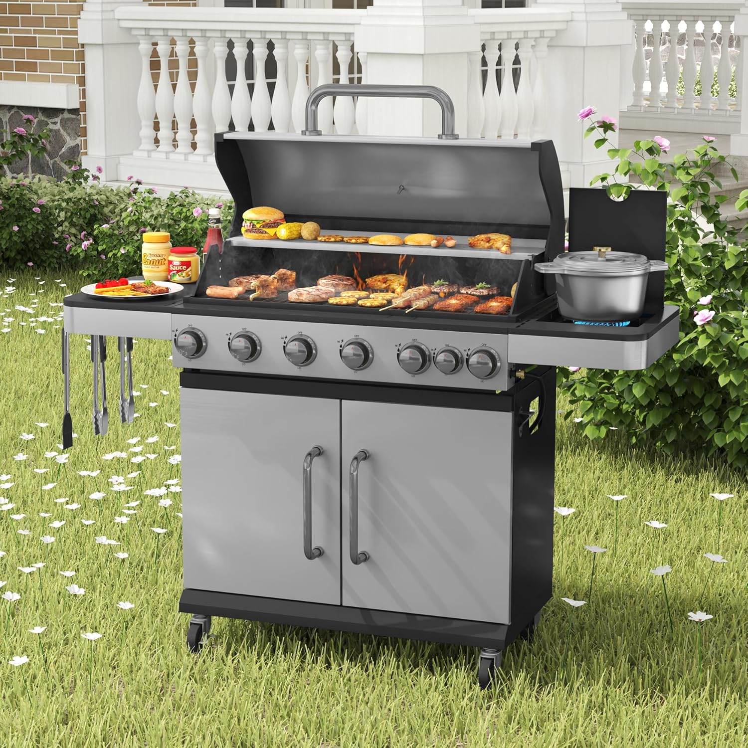 6 Burner Propane Grill with Side Burner & Stainless Steel, Premium Outdoor BBQ Grill for Cast Iron Plate & Folding Tables for Garden, Backyard, Patio