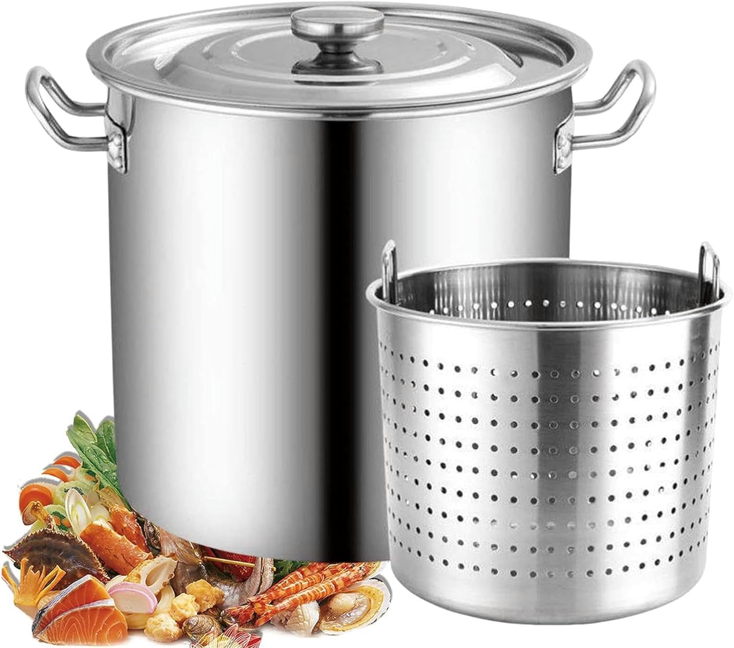 Stainless Steel Stock Kitchen with Strainer Basket Set, Crawfish Boil Turkey Fryer Kitchen u, Crab Seafood Boil Kitchen for Lobster,Shrimp, Low Country Boil（50x50cm）