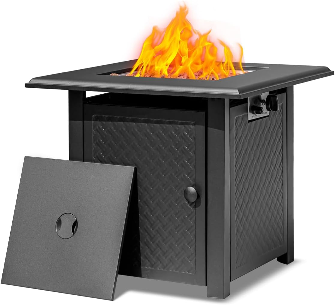 28 Inch Propane Fire Pit Table, 50,000 BTU Steel Gas Fire Pits for Outside,Outdoor Gas Firepit with Lid and Lava Rocks, Propane Firepit for Paito Garden Backyard,Add Warmth to Gatherings