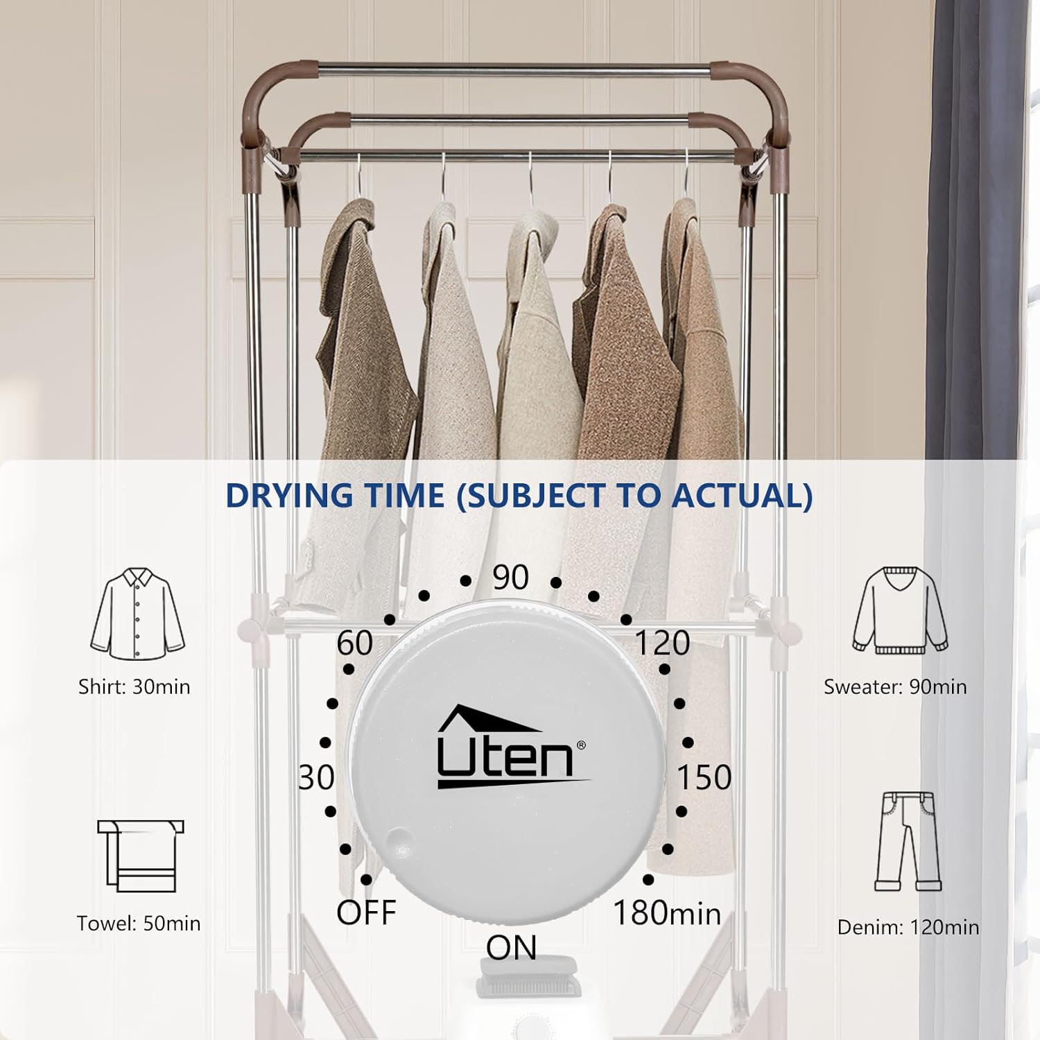 Uten Clothes Dryer, 1500W Power Electric Clothes Dryer Machine with Timer, 2-Tier Laundry Drying Wardrobe, Foldable Drying Rack for Travel, Apartments, RV, Home