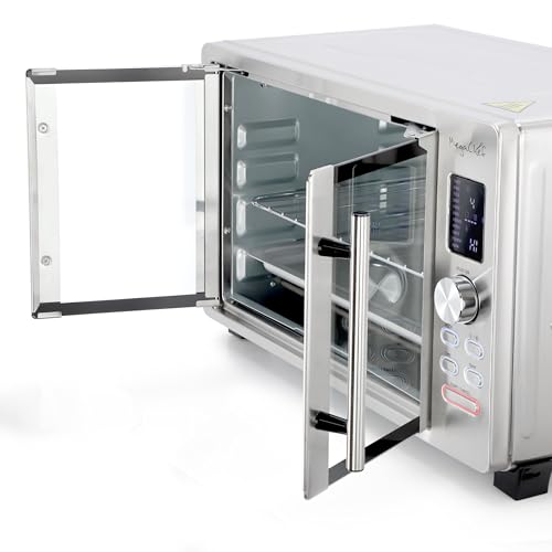 MegaChef 30 Quart Digital French Door Multi-Function Convection Toaster Oven with Rotisserie Set & Toast, Bagel, Pizza, Bake, Roast, Broil, Cookies, Dehydrate & More Presets