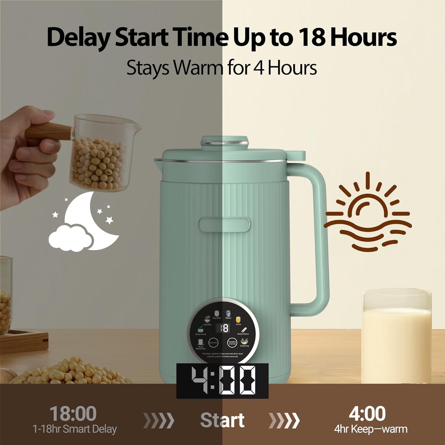 Nut Milk Maker Machine - 8 in 1 Soy Milk Maker Machine 35oz with Self-Cleaning, 18H Delay Start & 4H Keep Warm, Automatic Plant-Based Milk Blender for Almond, Oat, Coconut, Soybean - Green