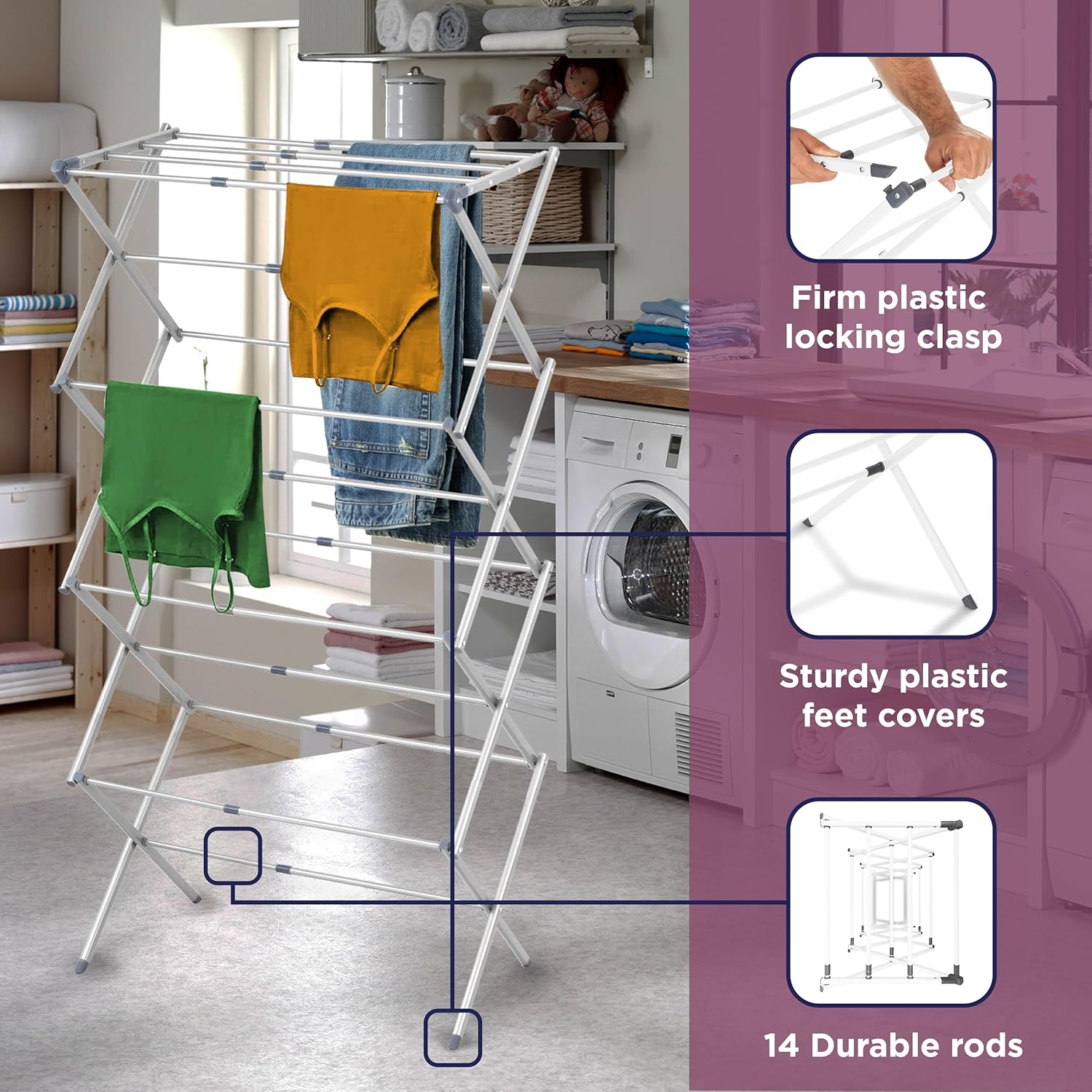 BLACK+DECKER 4-Tier Expandable Collapsible Clothes Drying Rack, Telescopic Height, Foldable Space-Saving Laundry Air Dryer for Towels, Shirts & Delicates – Durable Steel, No Tools Needed