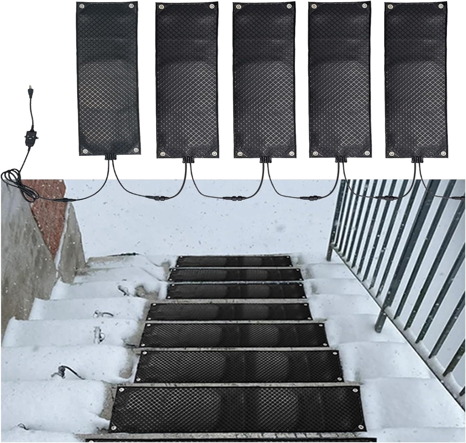 Snow Melting Mat Stairs Steps,Heated Ice Melt Pad with 6.2FT Cord, No-Slip Surface Speed Snow and Ice Heated Pad for Walkways & Driveways,Outdoor Winter,5 pcs,9.8in x 7ft