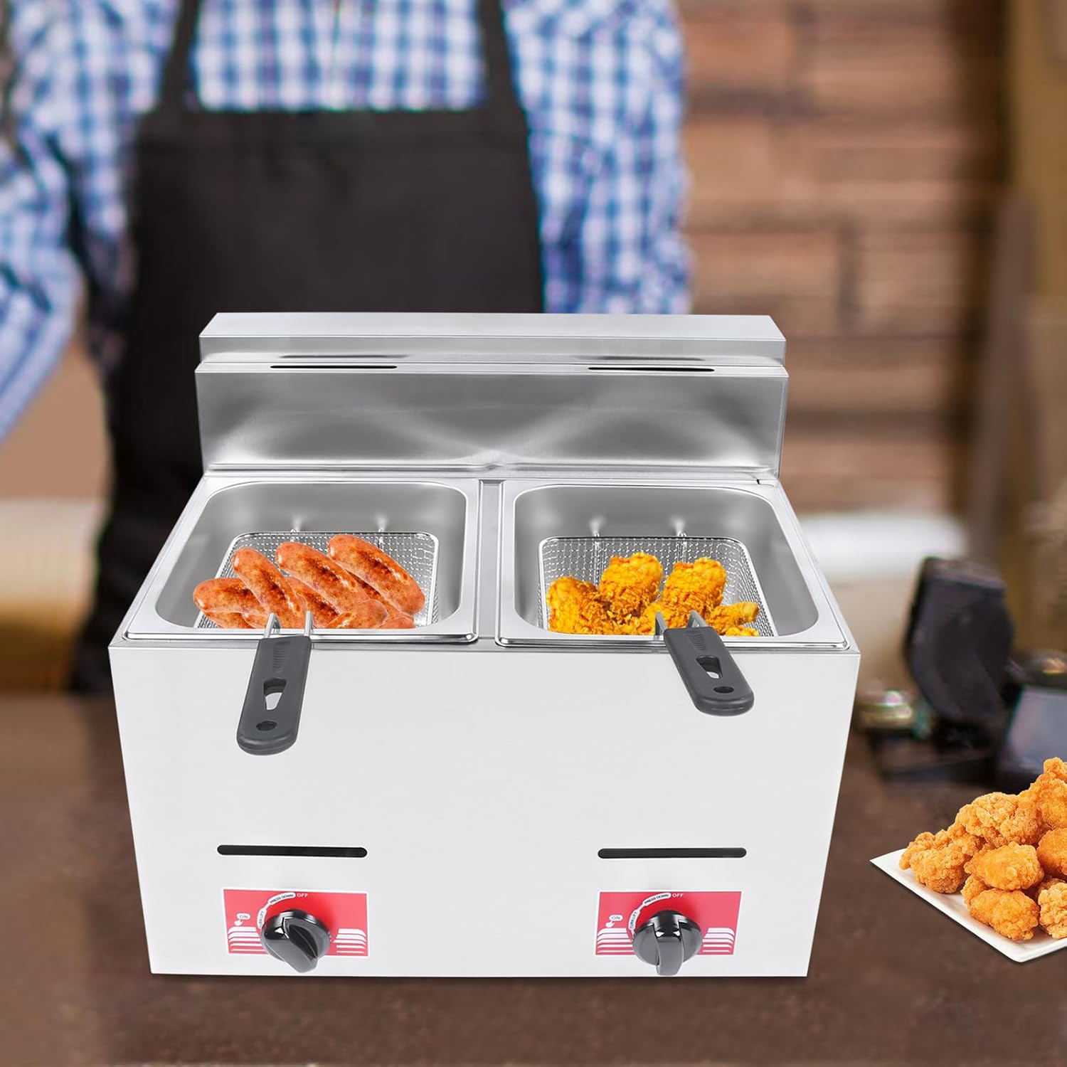 6L*2 Heavy Duty Deep Fryer,Commercial Gas Deep Fryer,Stainless Steel Countertop Deep Gas Fryer with Dual Baskets/Lid for Home Restaurants