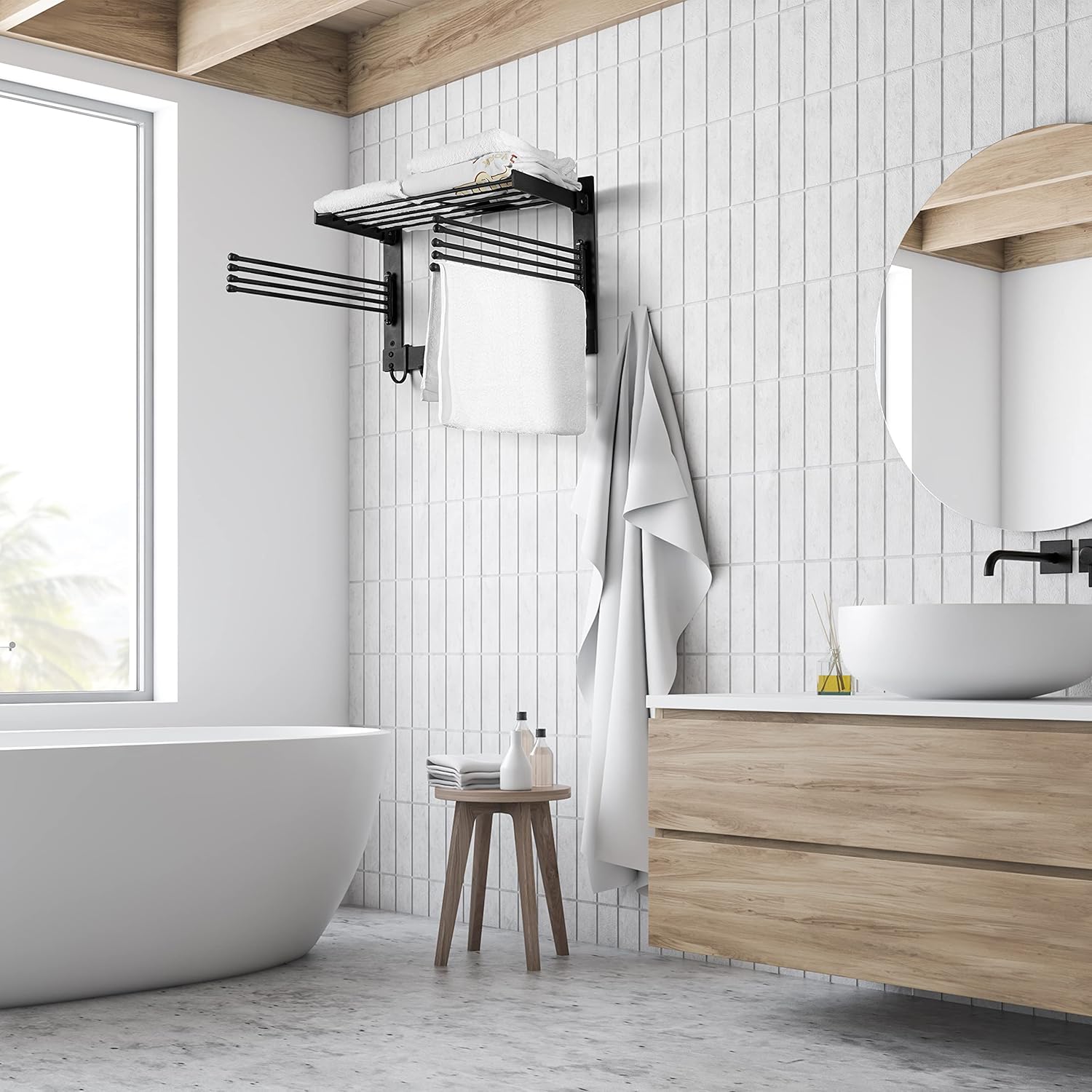 BATODA Wall-Mounted Steel Clothes Drying Rack - Swivel Towel Hanger for Laundry Room & Bathroom - Space Saver (Steel)