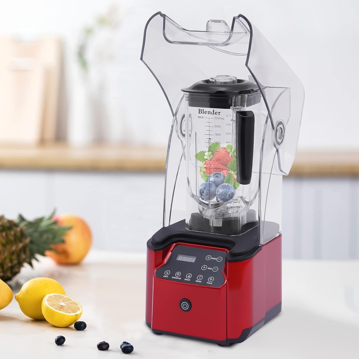 Professional Blender with Shield, Eapmic Soundproof Blender, Commercial Countertop Blenders, 2200W 8 Gears Commercial Smoothie Countertop Blender for Smoothies, Ice Cream, Sauce, Red