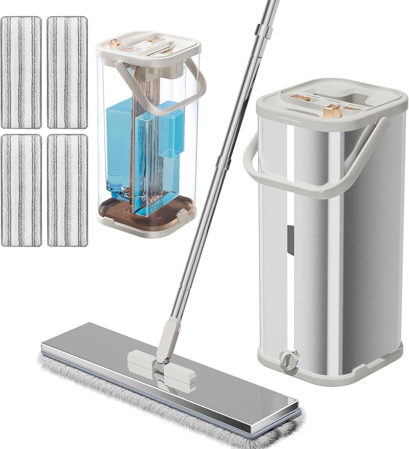 Separates Dirty Water Mop, Flat Mop and Bucket for Home with 4 Extra Refills, Stainless Steel Mop and Bucket with Wringer (Silver)