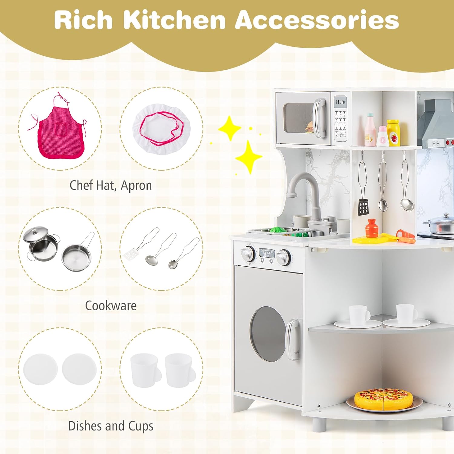 Costzon Corner Play Kitchen, Wooden Kids Kitchen Playset w/Water Circulation, Real Light & Sound, Microwave, Range Hood, Stove, Oven, Toy Kitchen Set for Kids Toddlers, Gift for Boys Girls 3+ (Grey)