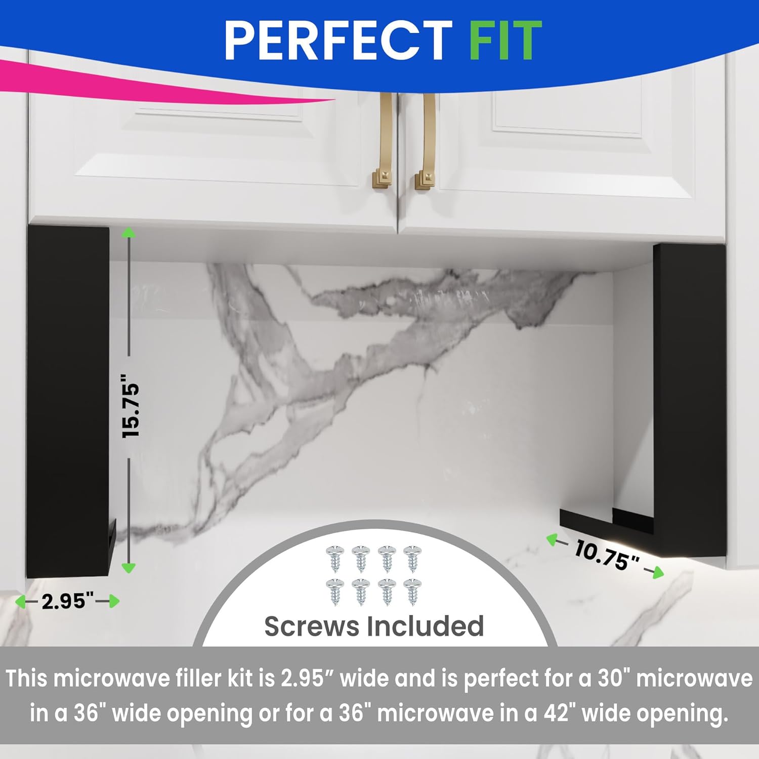Universal Microwave Trim Kit - Black metal Microwave Filler Kit Fits Most Built In Microwaves- Fills Over the Range Microwave Oven Cabinet Gap - 15.75”D x 10.75”H x 2.95”W