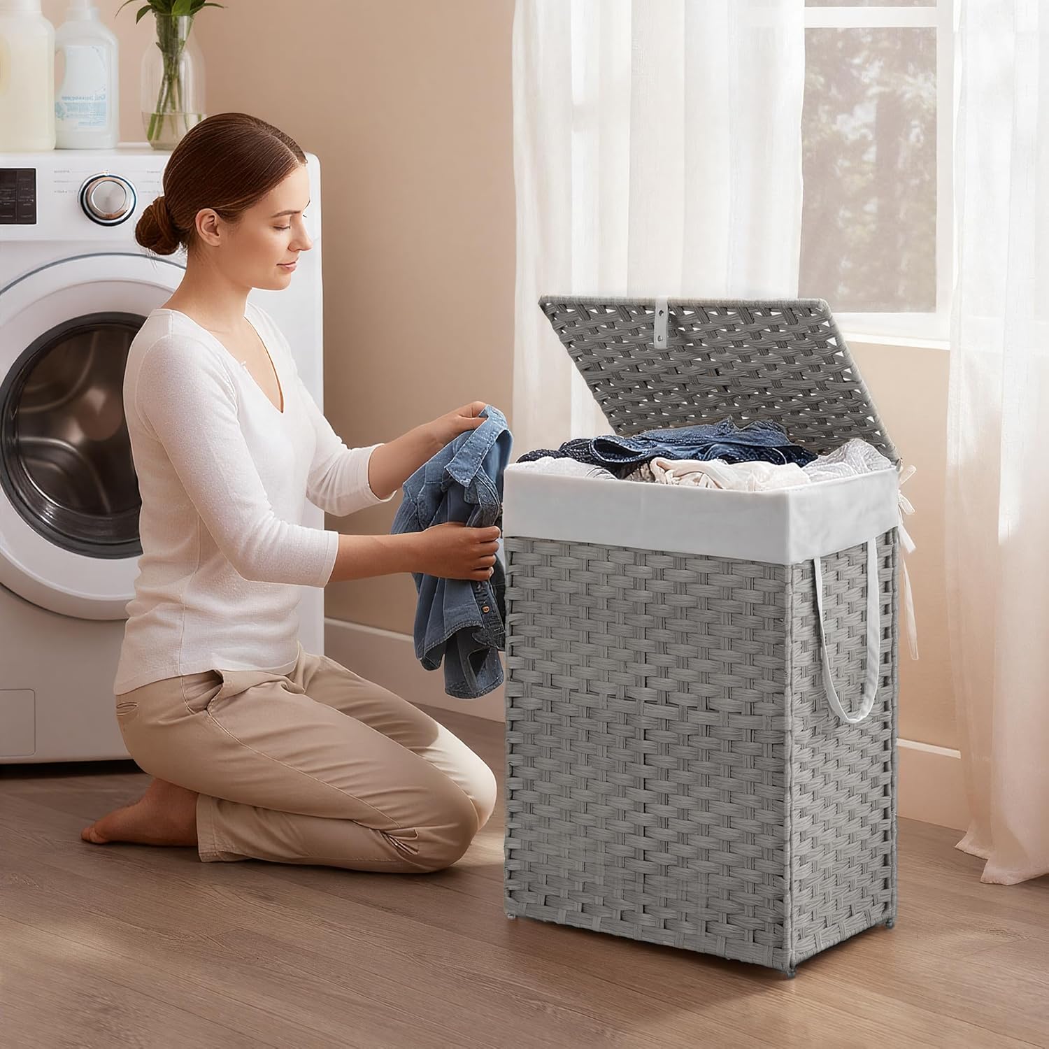 Woven Laundry Basket with Lid, Large Hamper with Removable and Machine-Washable Liner, Foldable Rattan Clothes Hamper, Sturdy Steel Frame, Odor Control, 90L Capacity, Dove Gray