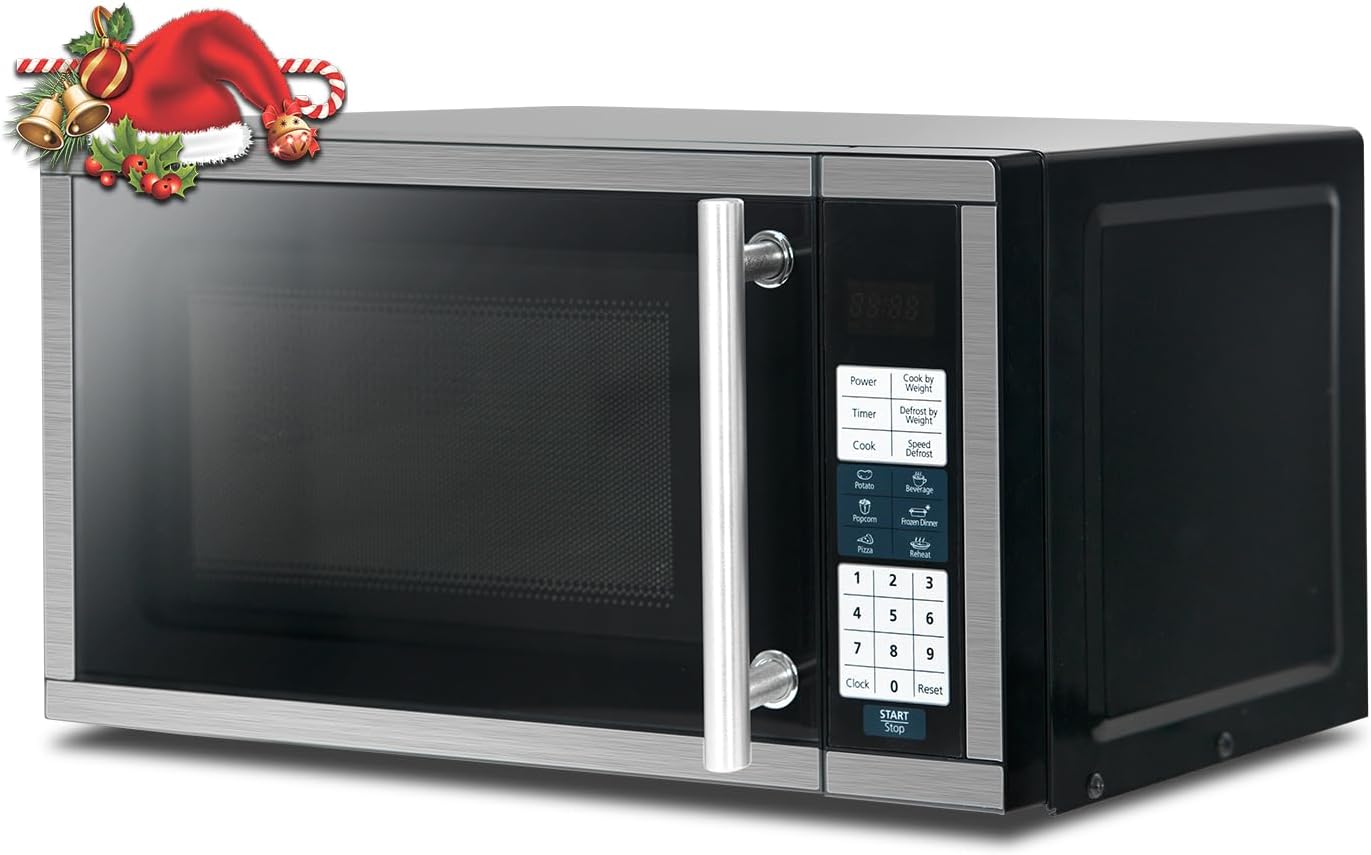 Small Microwave Countertop 0.7 Cu.Ft, Mini Microwave Small Space with Removable Turntable, 6 Auto Menus and Child Lock, Black Microondas for Apartments, Dorm and Kitchen, Stainless Steel, 700W