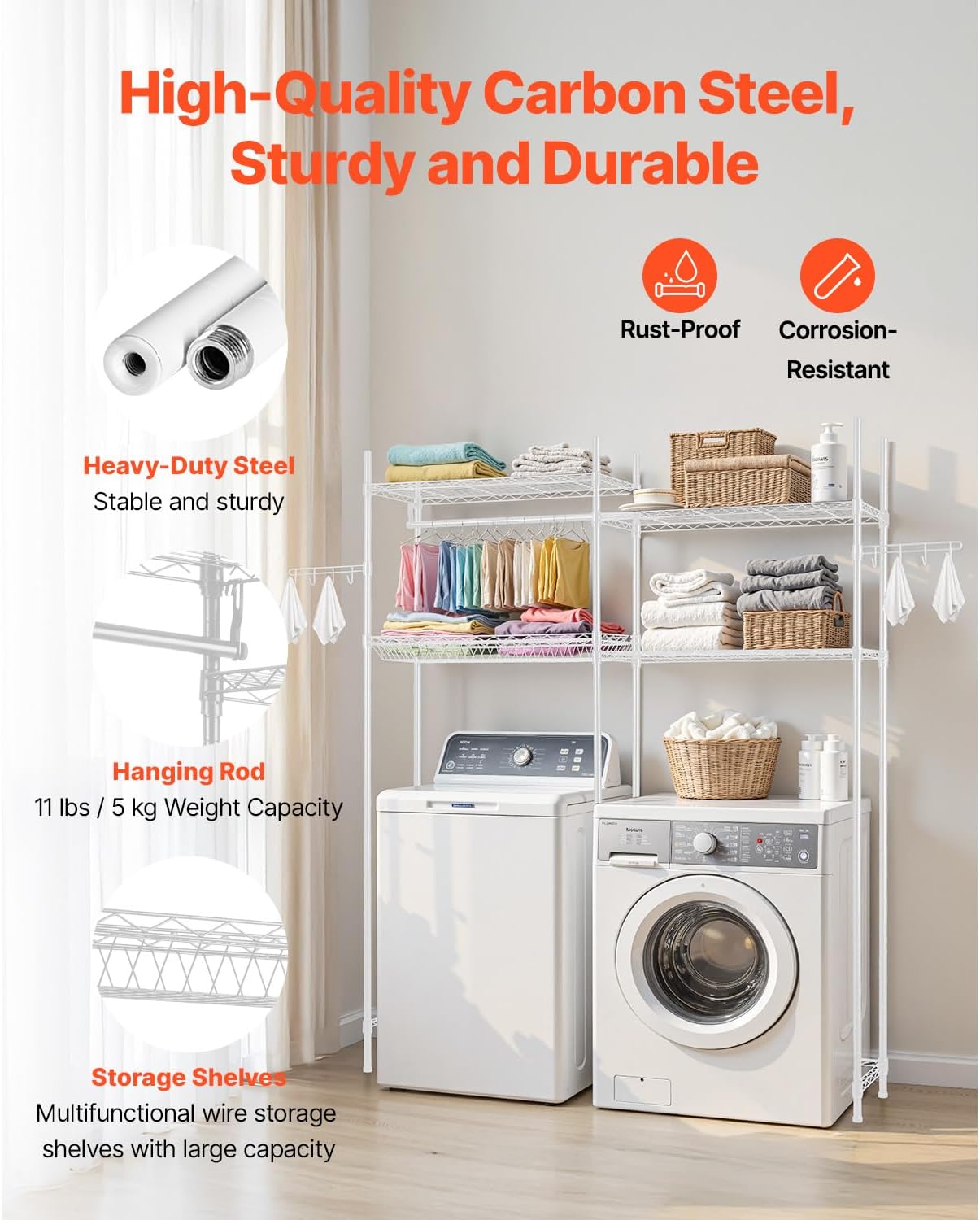 Happybuy Over Washer and Dryer Storage Shelves, 4-Tier Laundry Room Drying Rack with Hanger Rod and Hooks, Adjustable Washer Shelves Space Saver for Laundry Room Organization, White