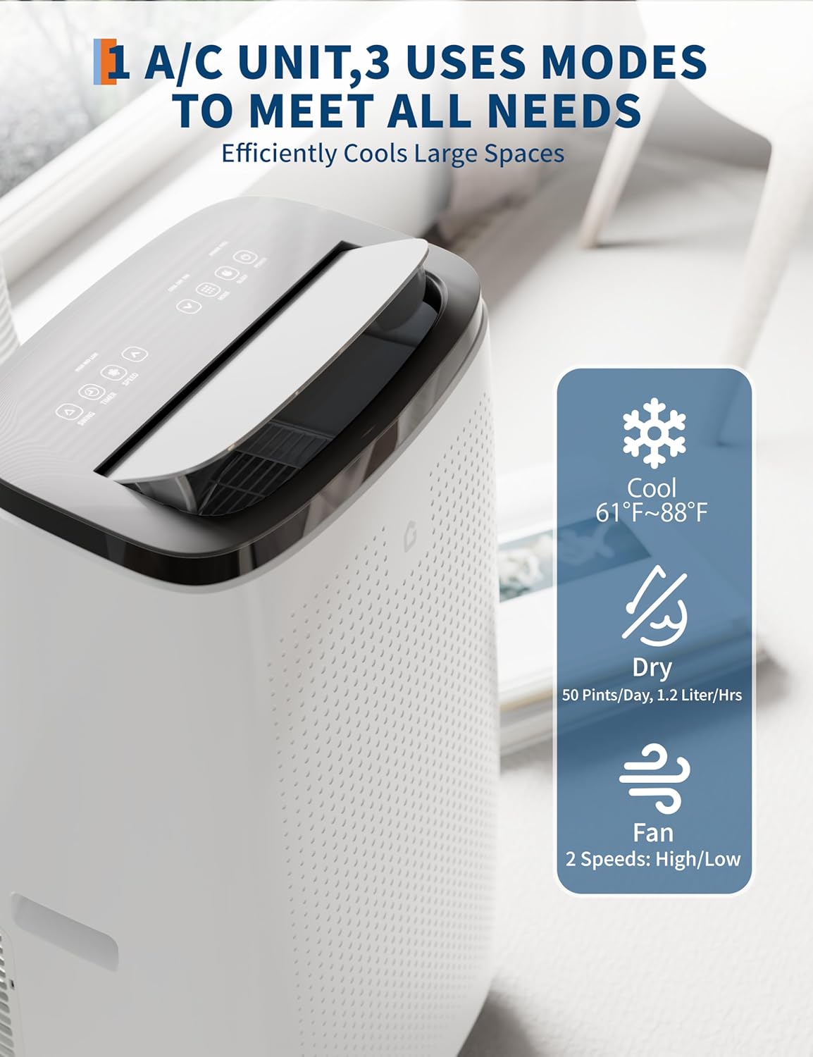 14,000 BTU Portable Air Conditioner - Cools 750 Sq.Ft 3 in-1 Portable AC Dehumidifier Fan, Remote Control Window Kit 48dB for Bedroom, Home, Office (14000 BTU - B)