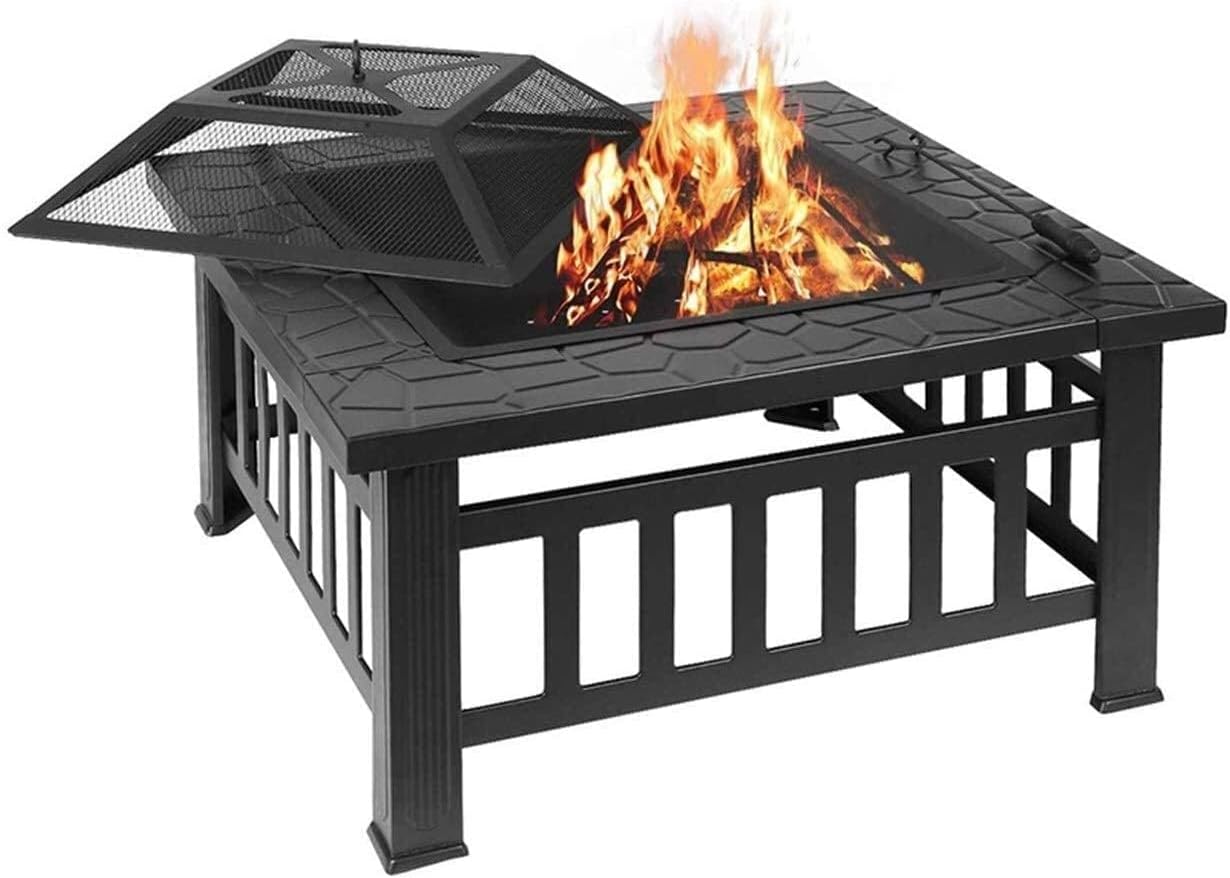 BBQ Grill Outdoor Fire Pits Outdoor Wood Burning 32in Outdoor Fire Pit Metal Square Firepit Wood Burning Backyard Patio Garden Beaches Camping Picnic Bonfire Stove with Cover BBQ Cookin