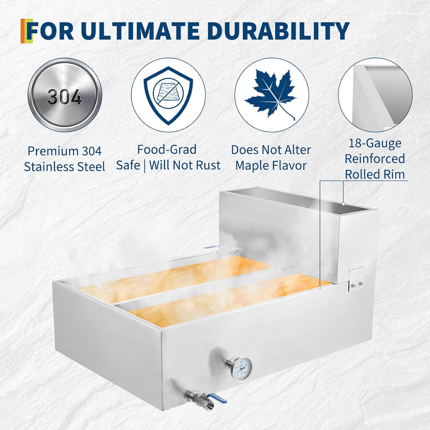 Maple Syrup Evaporator Pan - Stainless Steel, 22.4 Gal, 2 Valves & Thermometer,Upgraded Seamless Welding Technology - for Home & Outdoor(24x36x18.5 Inch)