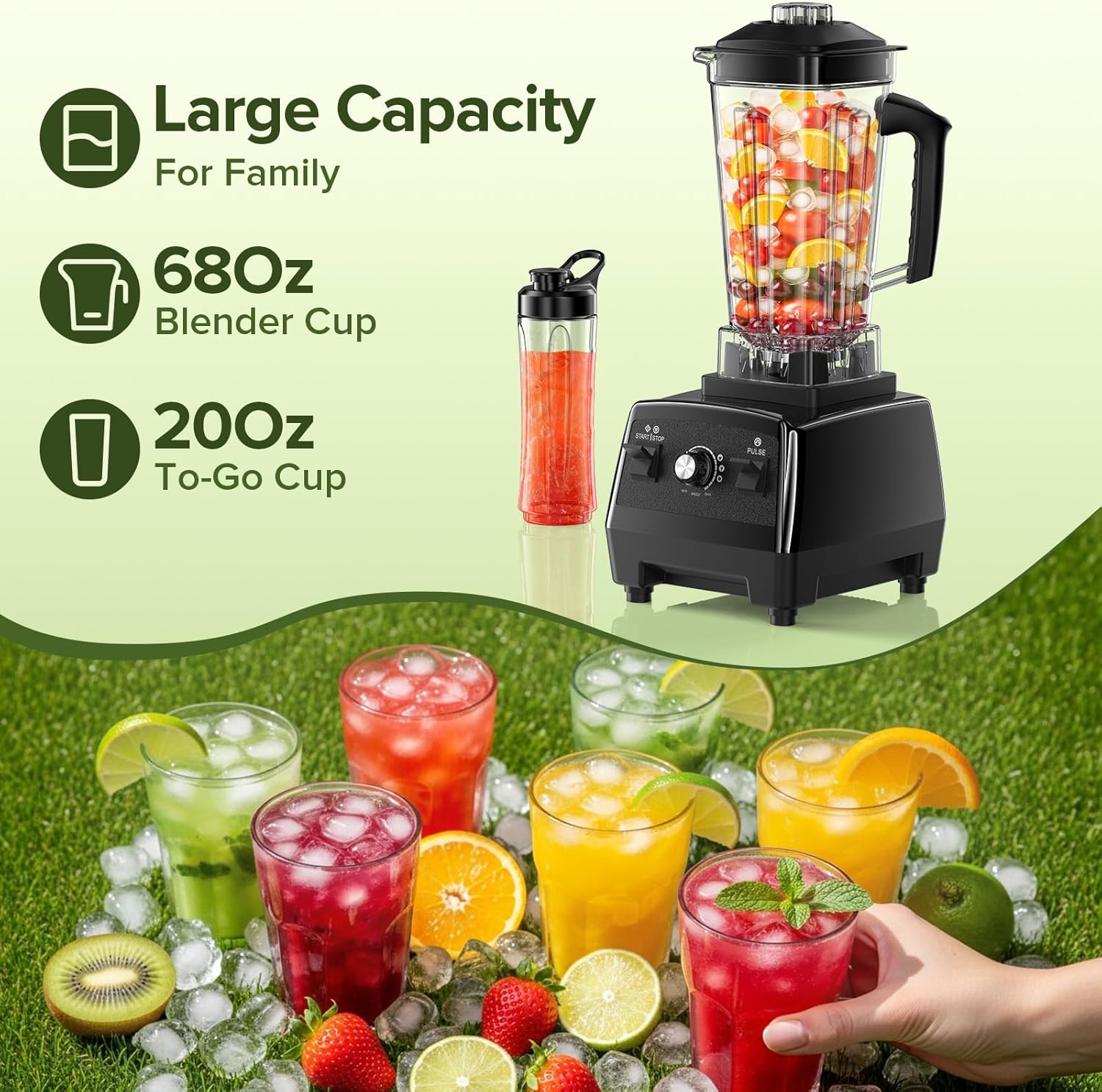 Blender, Blenders for Kitchen with 68Oz. Pitcher and 20Oz. To-go Cup, Countertop Blender for Smoothies, Ice Crushing, Frozen Fruits