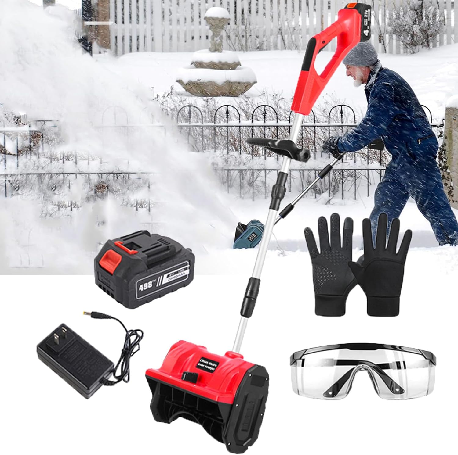 Home Cordless Snow Shovel, Brushless Battery Snow Blower, Lightweight Folding Snow Thrower with Adjustable Front Handle & Directional Plate,Red-1Battery
