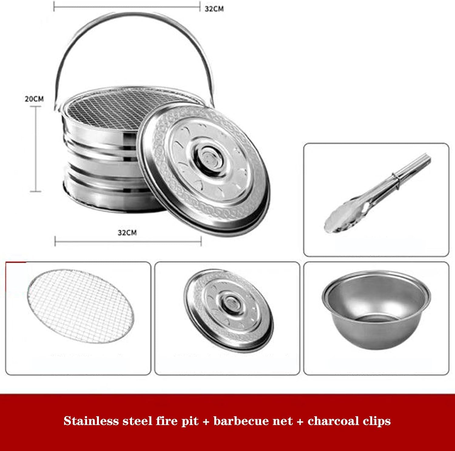 Multifunctional Fire Pit 32 x 20 cm,Stainless Steels,Outdoor Patio Heater for Barbecues,Parties and Camping,Please Select Accessories According to Your Needs (B)