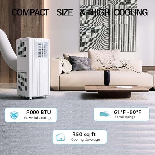 GarveeHome Portable Air Conditioner 8000BTU(ASHRAE), Fast Cooling, Low Noise, 3 in-1 AC Unit with Dehumidifier & Fan, Remote Control, 24H Timer, Sleep Mode, Window Kits Included, Cools Up to 350 Sq.Ft