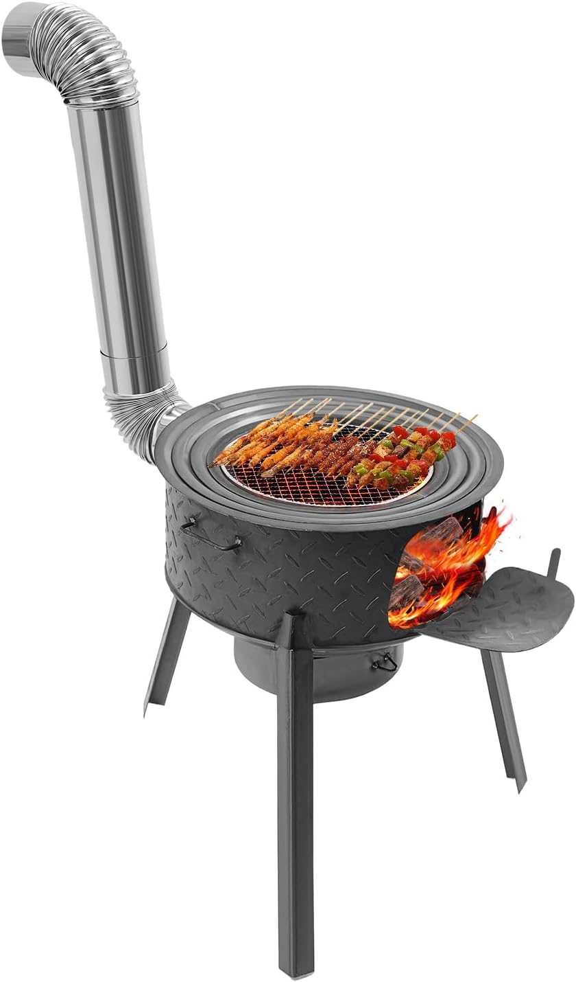 Heavy Duty Wood Burning Stove with 3 Wok Rings & Grill Grate, 330LBS Capacity Outdoor Camp Stove Set for BBQ, Camping, Backyard Cooking, Includes Chimney & Tools (19.68in Height, Carbon Black)