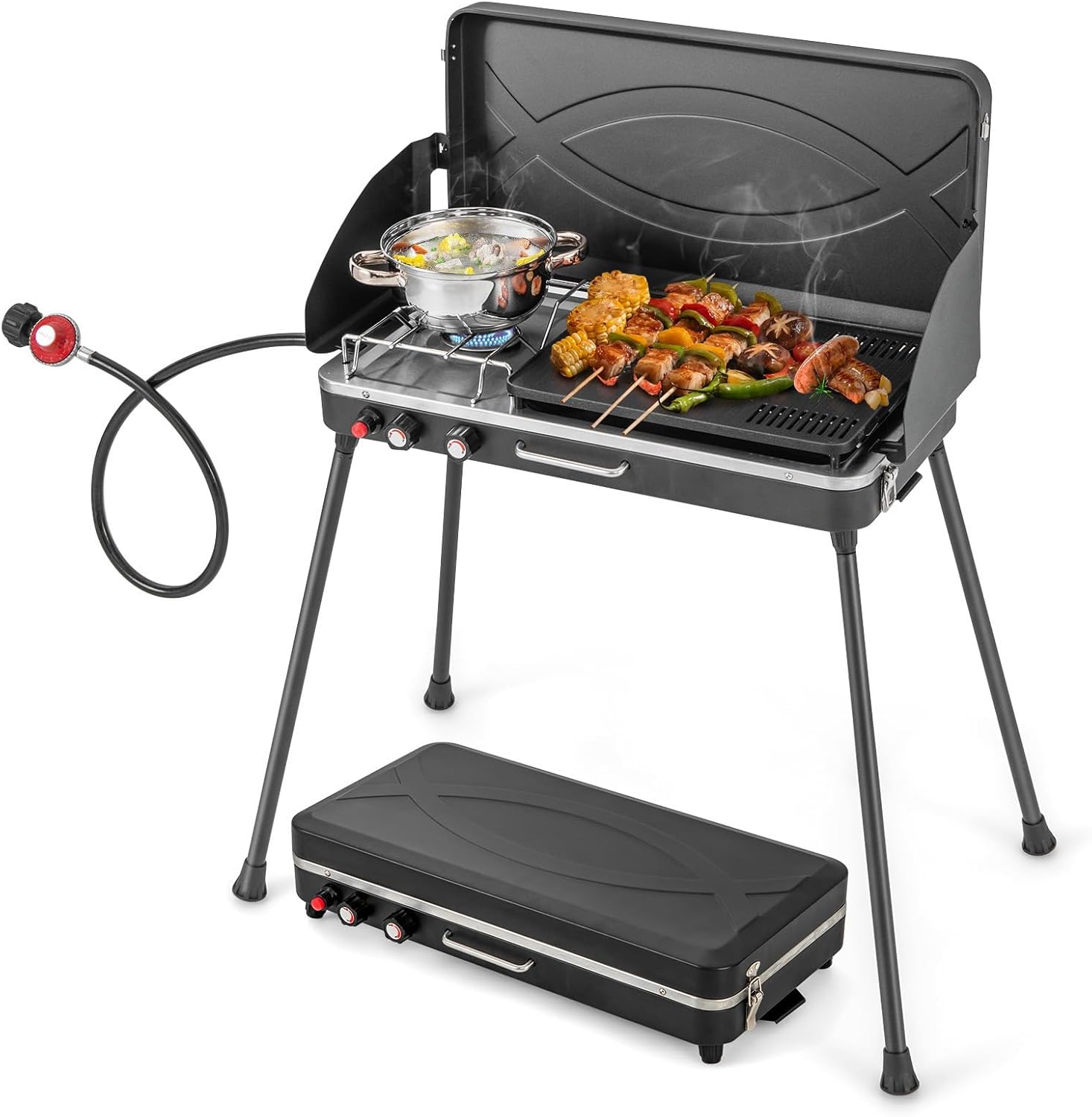 Nightcore 2-Burner Propane Camping Stove, Portable Camp Grill with Detachable Legs, Roast Grill & 3-Sided Wind Screen, 22,000 Total BTUs of Power, Outdoor Grill Stove for Camping BBQ Picnic, Black