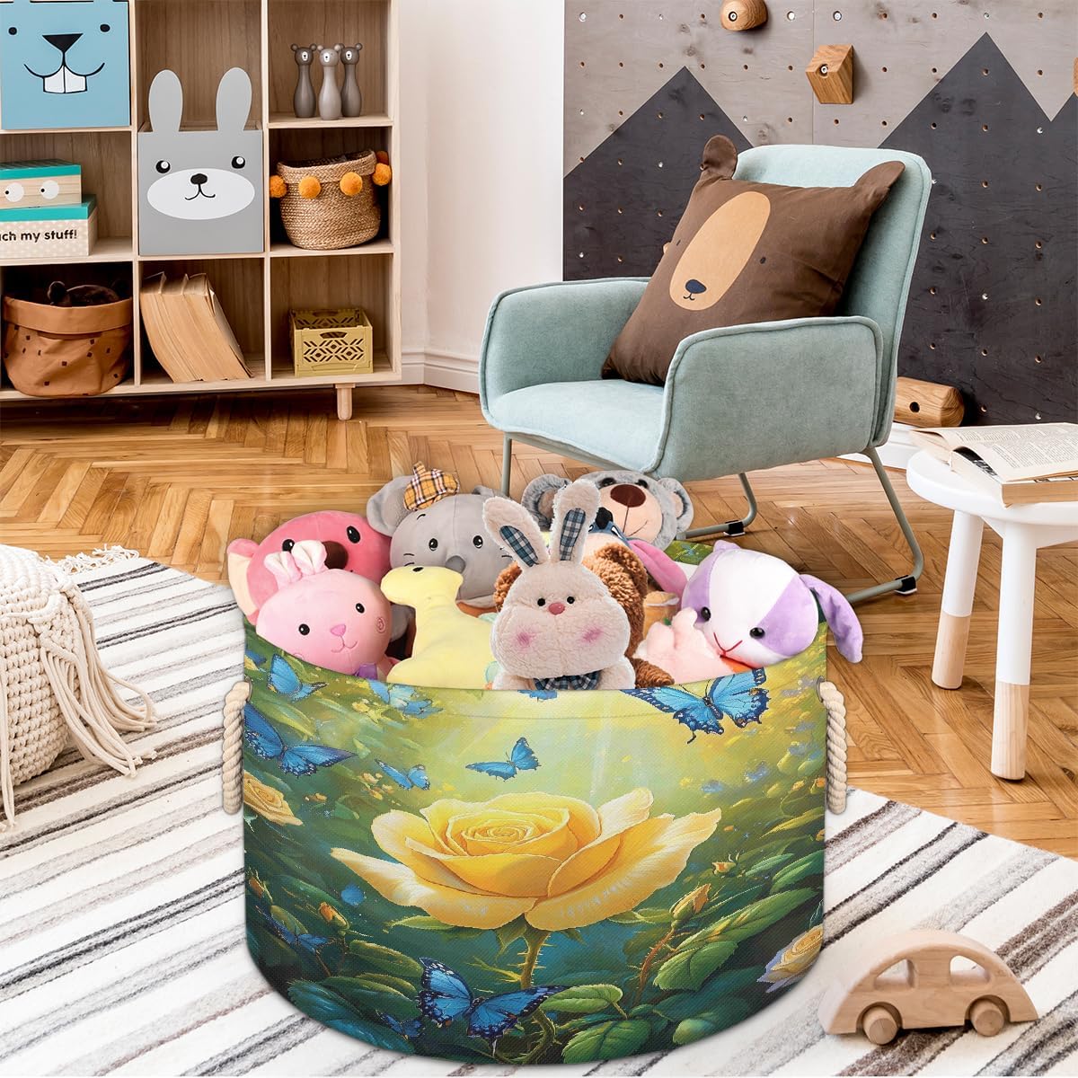 Forest Yellow Rose Butterfly Round Storage Basket Laundry Hamper Collapsible Laundry Basket with Handles Large Canvas Storage Bin for Clothes Toys Nursery Bedroom Closet Organizer